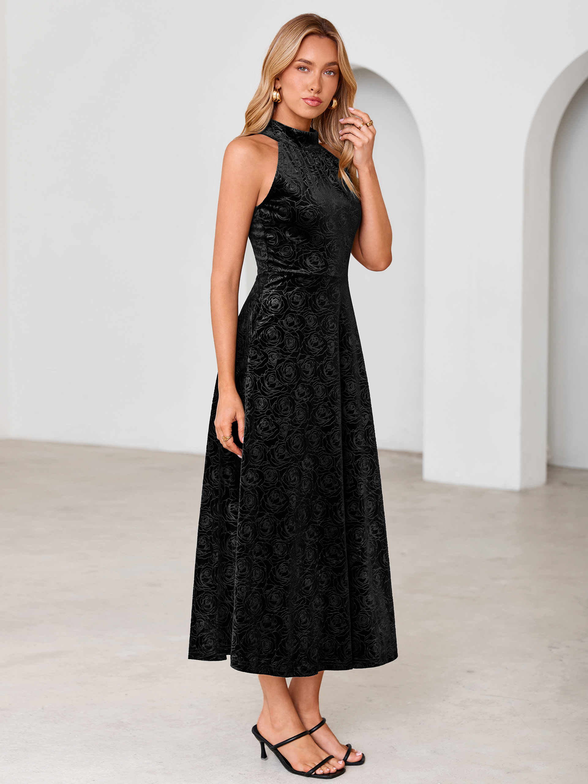 Luxurious Halter Neck Embossed Velvet Maxi Dress