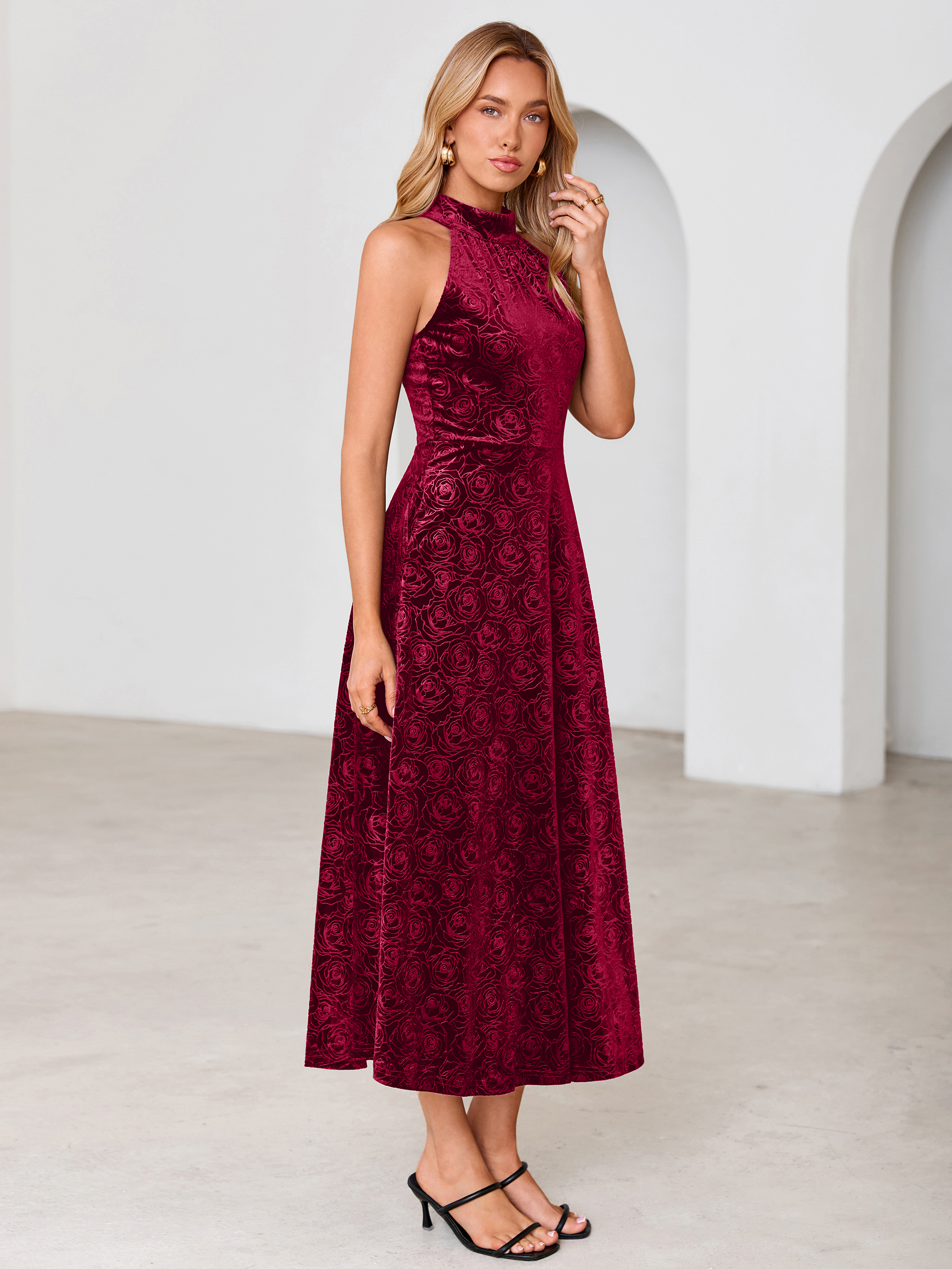 Luxurious Halter Neck Embossed Velvet Maxi Dress