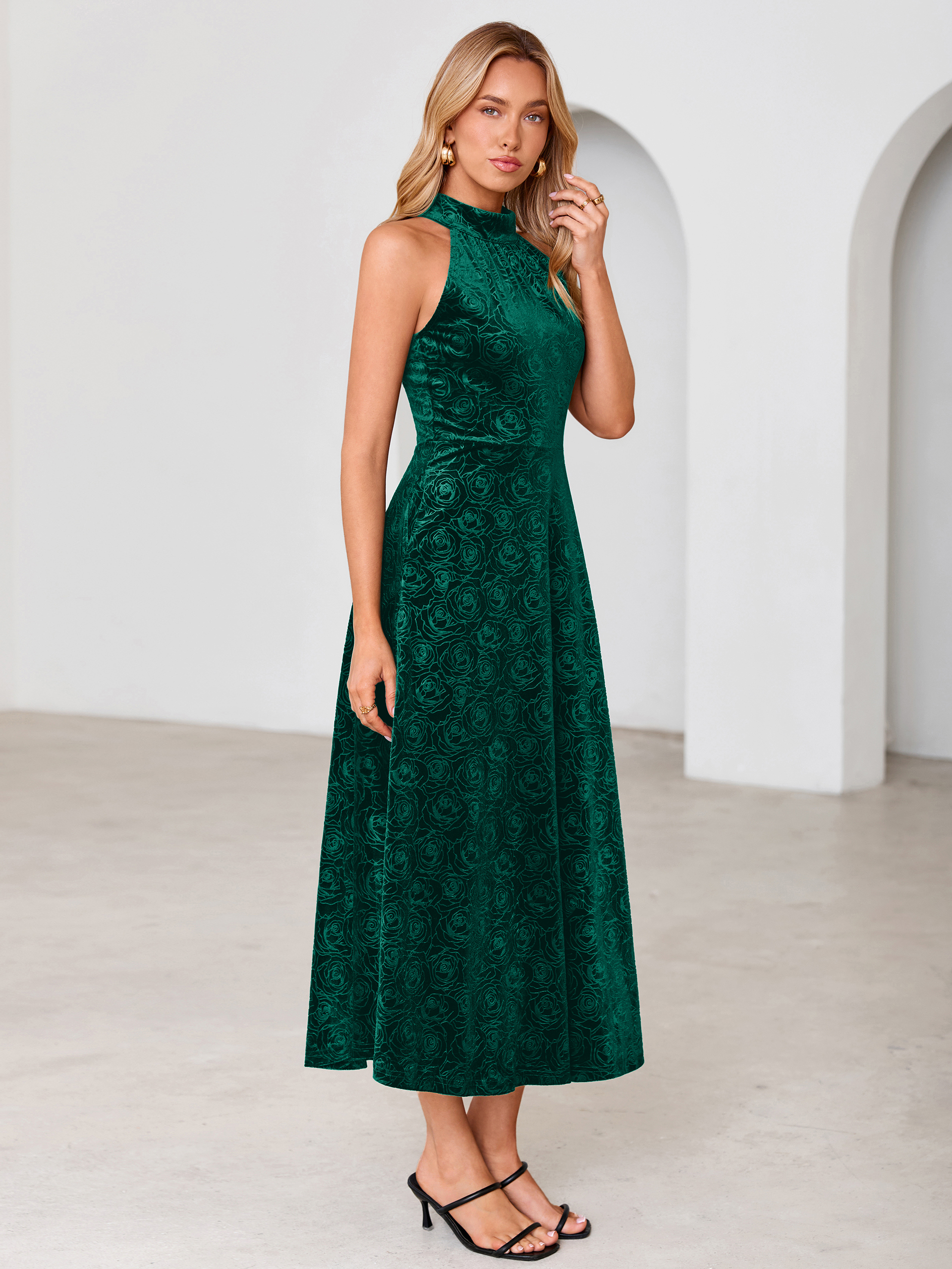 Luxurious Halter Neck Embossed Velvet Maxi Dress