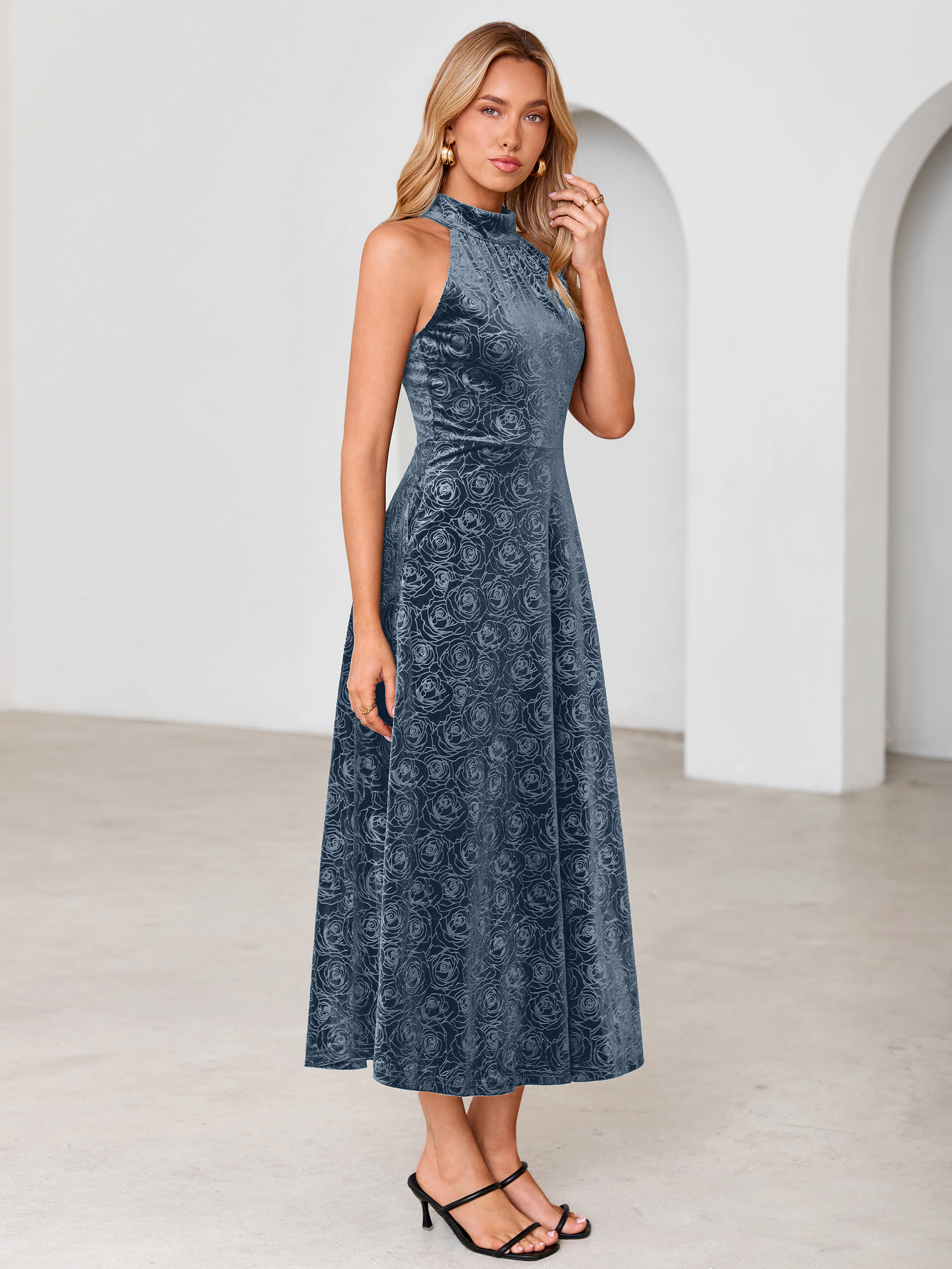 Luxurious Halter Neck Embossed Velvet Maxi Dress