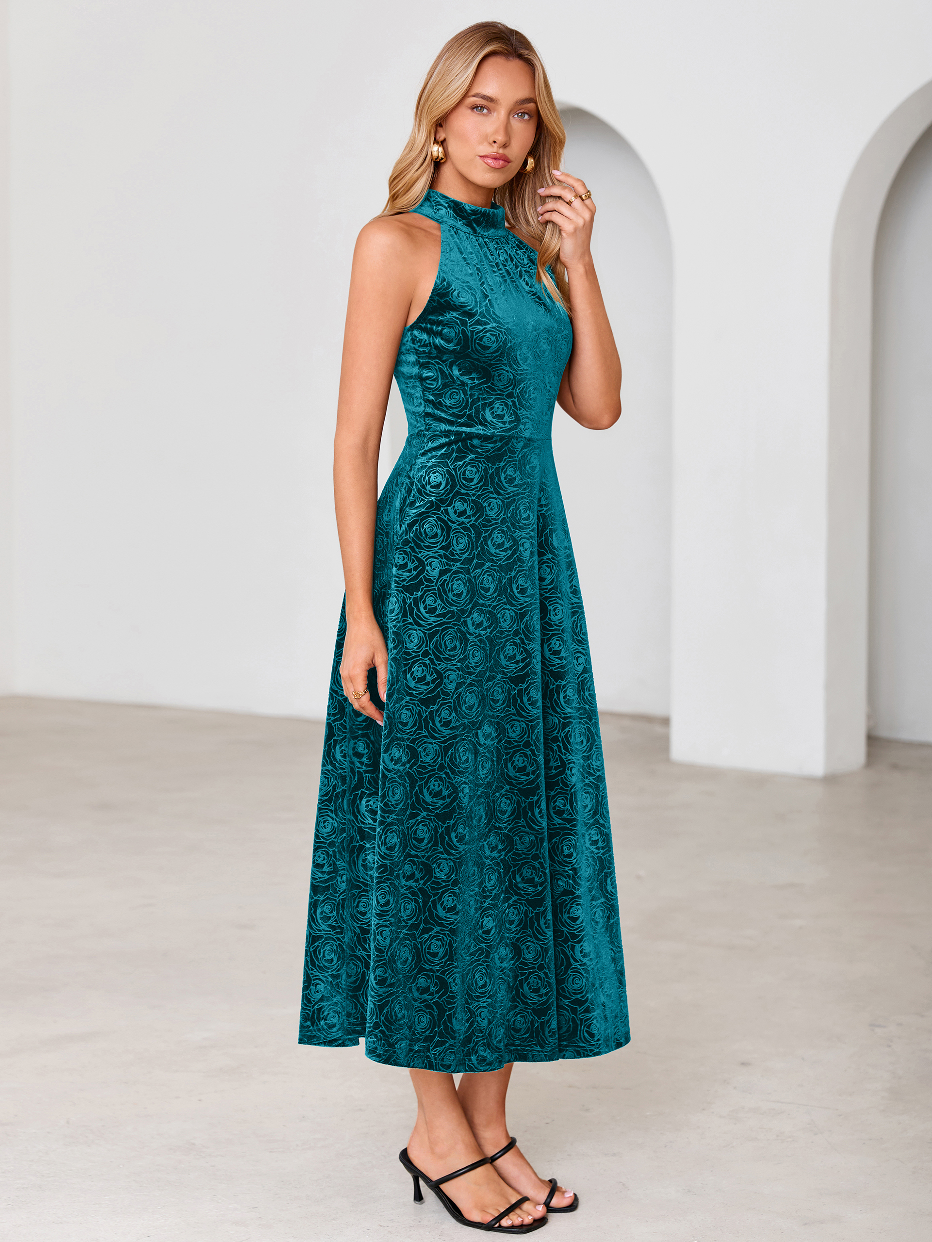 Luxurious Halter Neck Embossed Velvet Maxi Dress