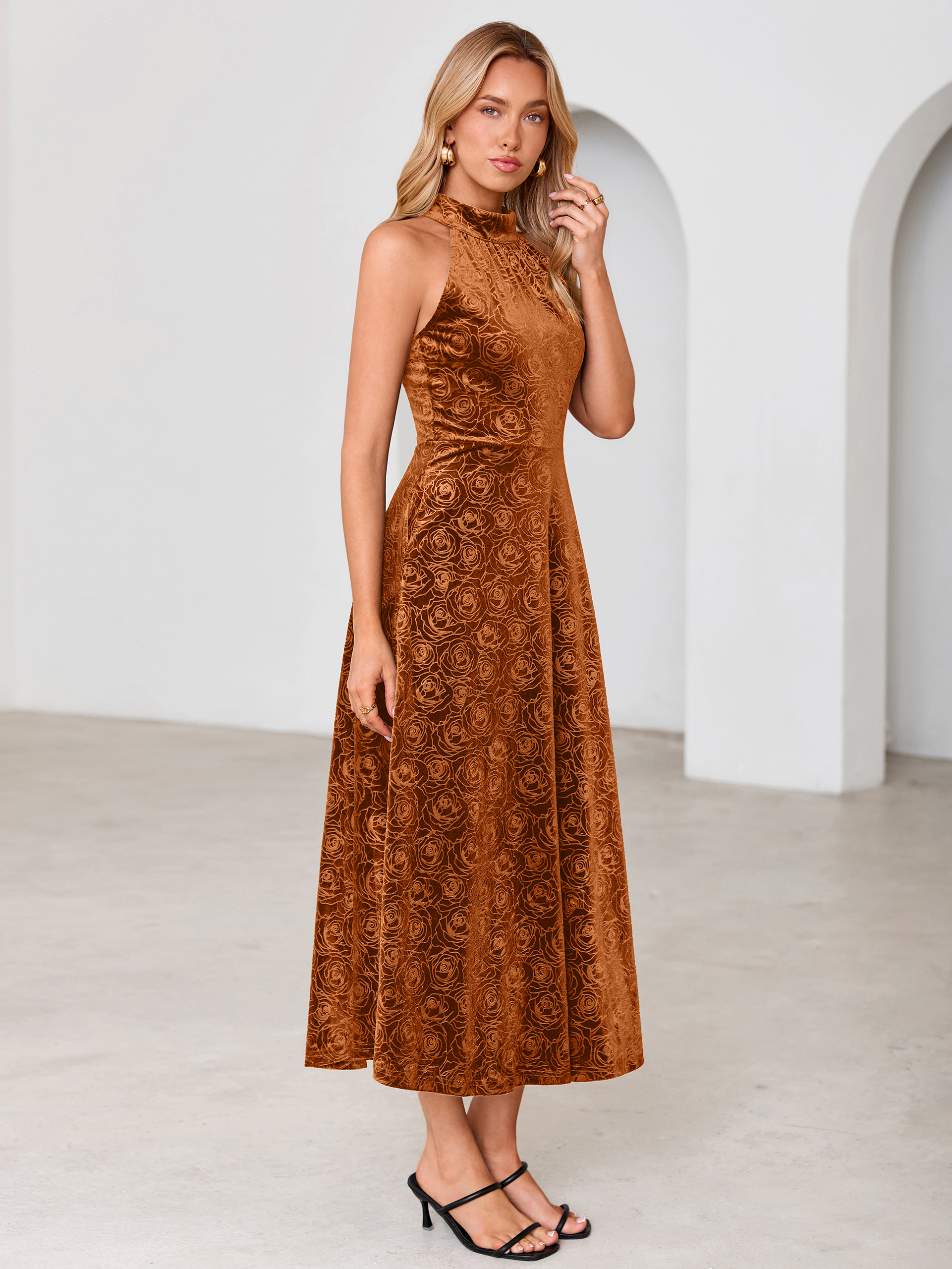 Luxurious Halter Neck Embossed Velvet Maxi Dress