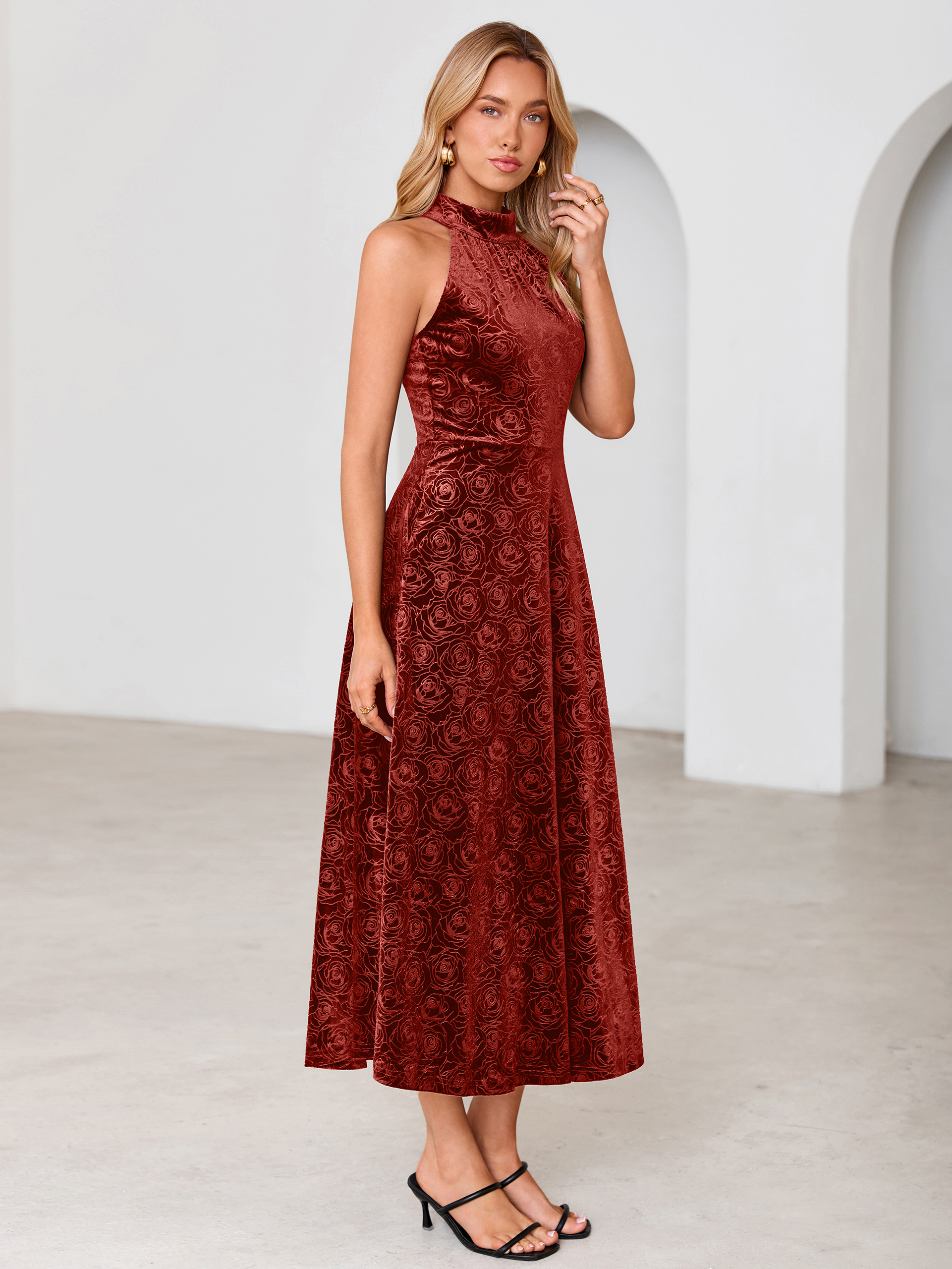 Luxurious Halter Neck Embossed Velvet Maxi Dress