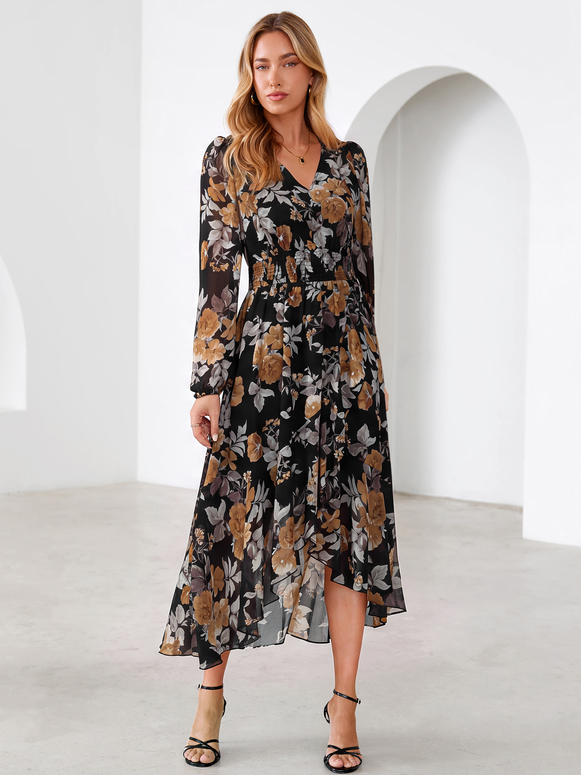 Tulle Floral Print Long Sleeve Asymmetrical Maxi Dress