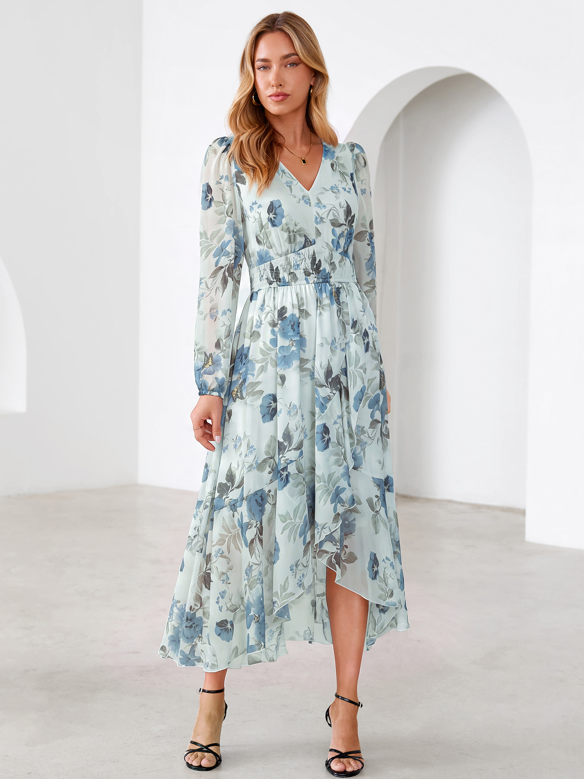 Tulle Floral Print Long Sleeve Asymmetrical Maxi Dress