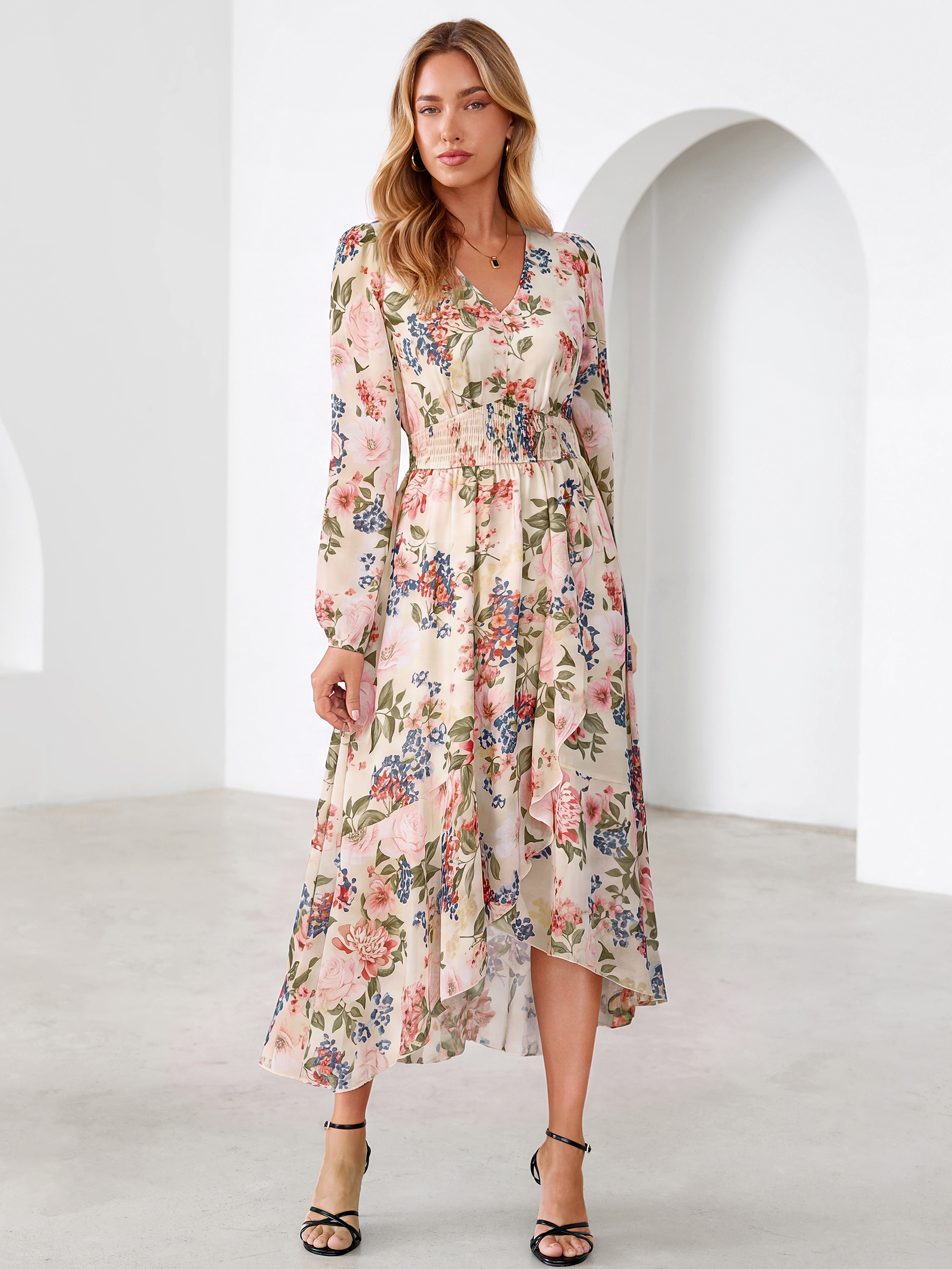 Tulle Floral Print Long Sleeve Asymmetrical Maxi Dress