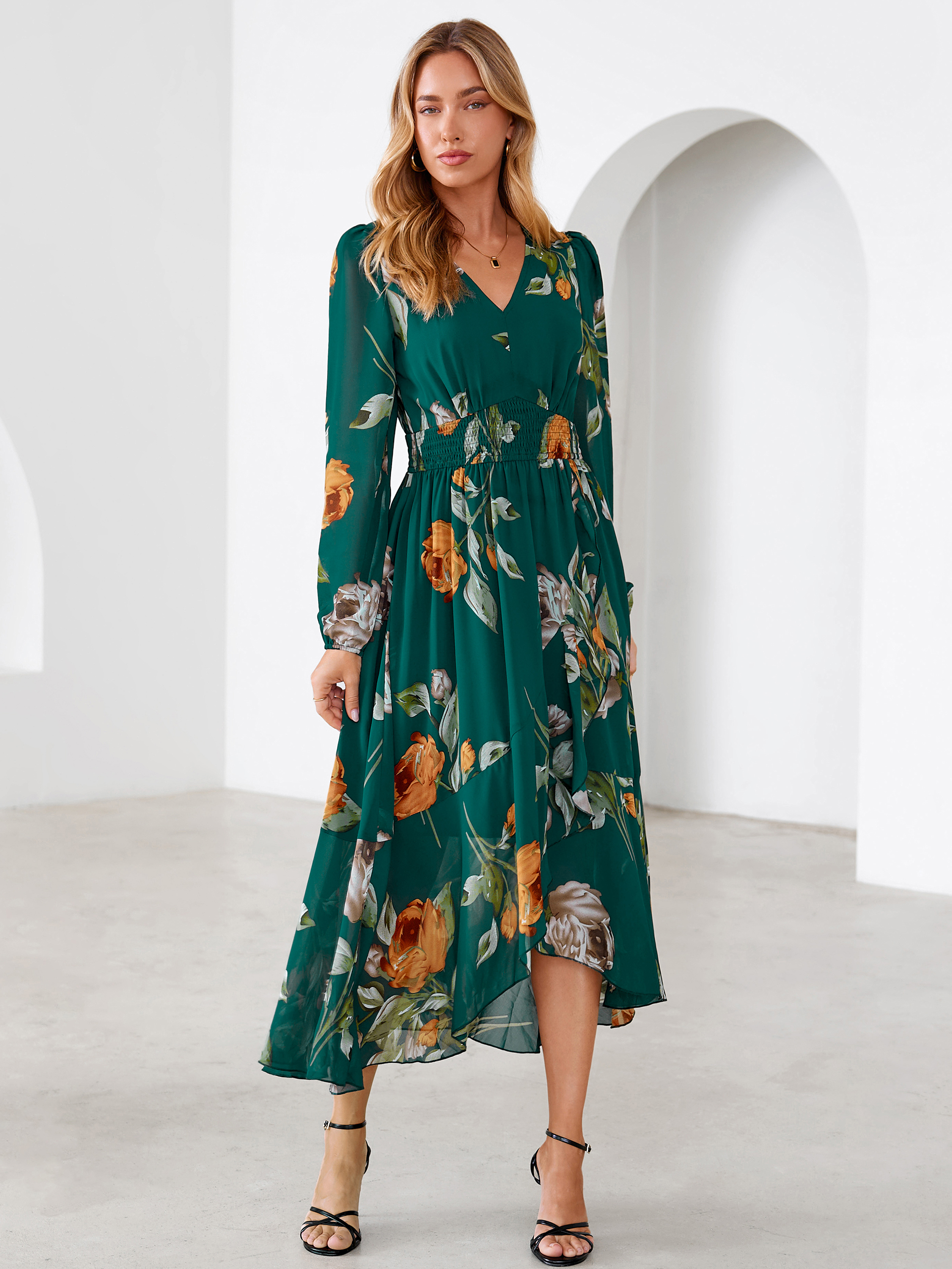 Tulle Floral Print Long Sleeve Asymmetrical Maxi Dress