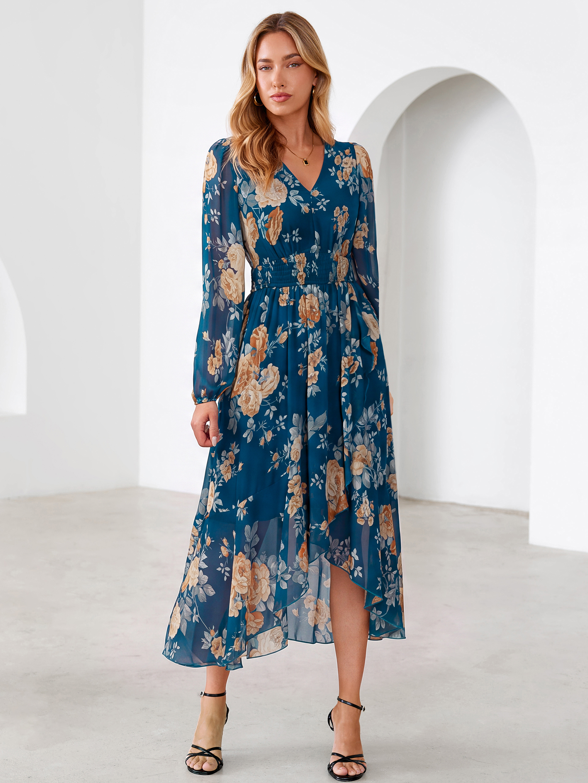 Tulle Floral Print Long Sleeve Asymmetrical Maxi Dress