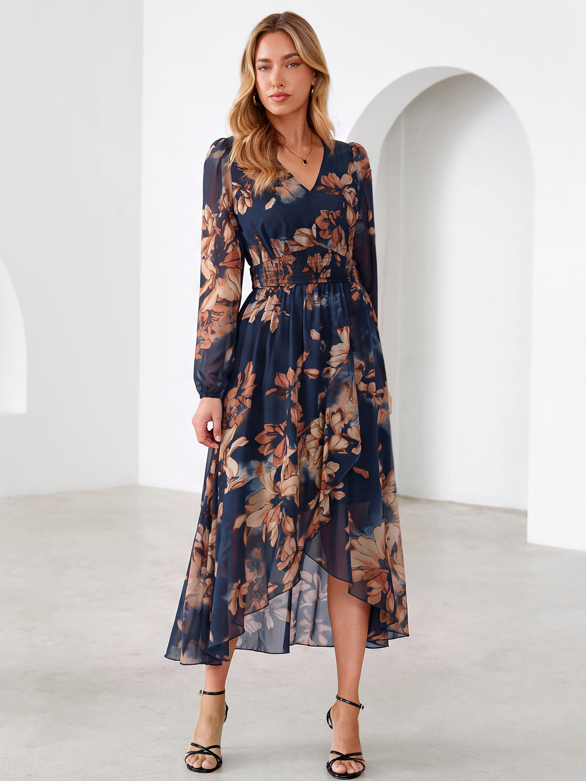 Tulle Floral Print Long Sleeve Asymmetrical Maxi Dress