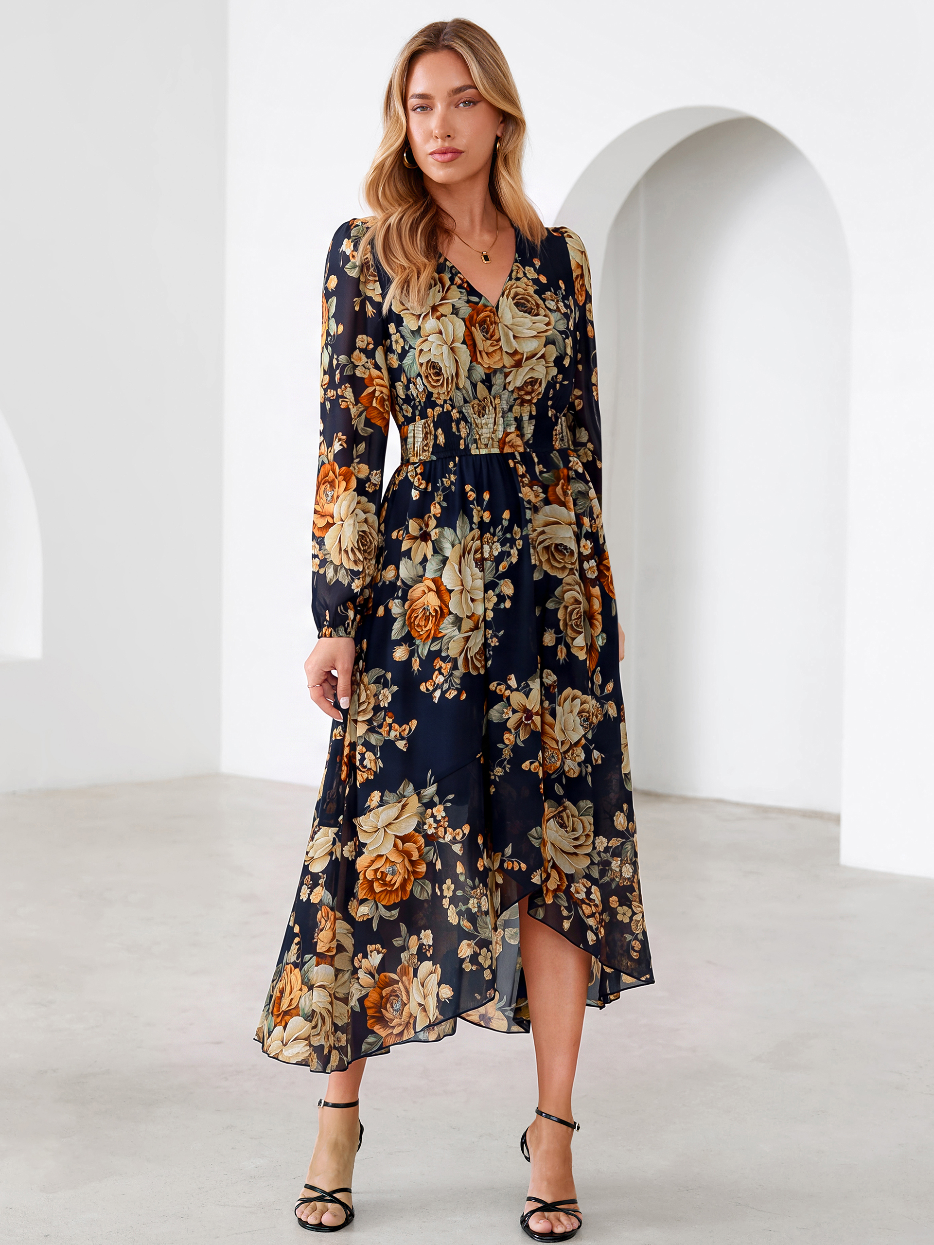 Tulle Floral Print Long Sleeve Asymmetrical Maxi Dress