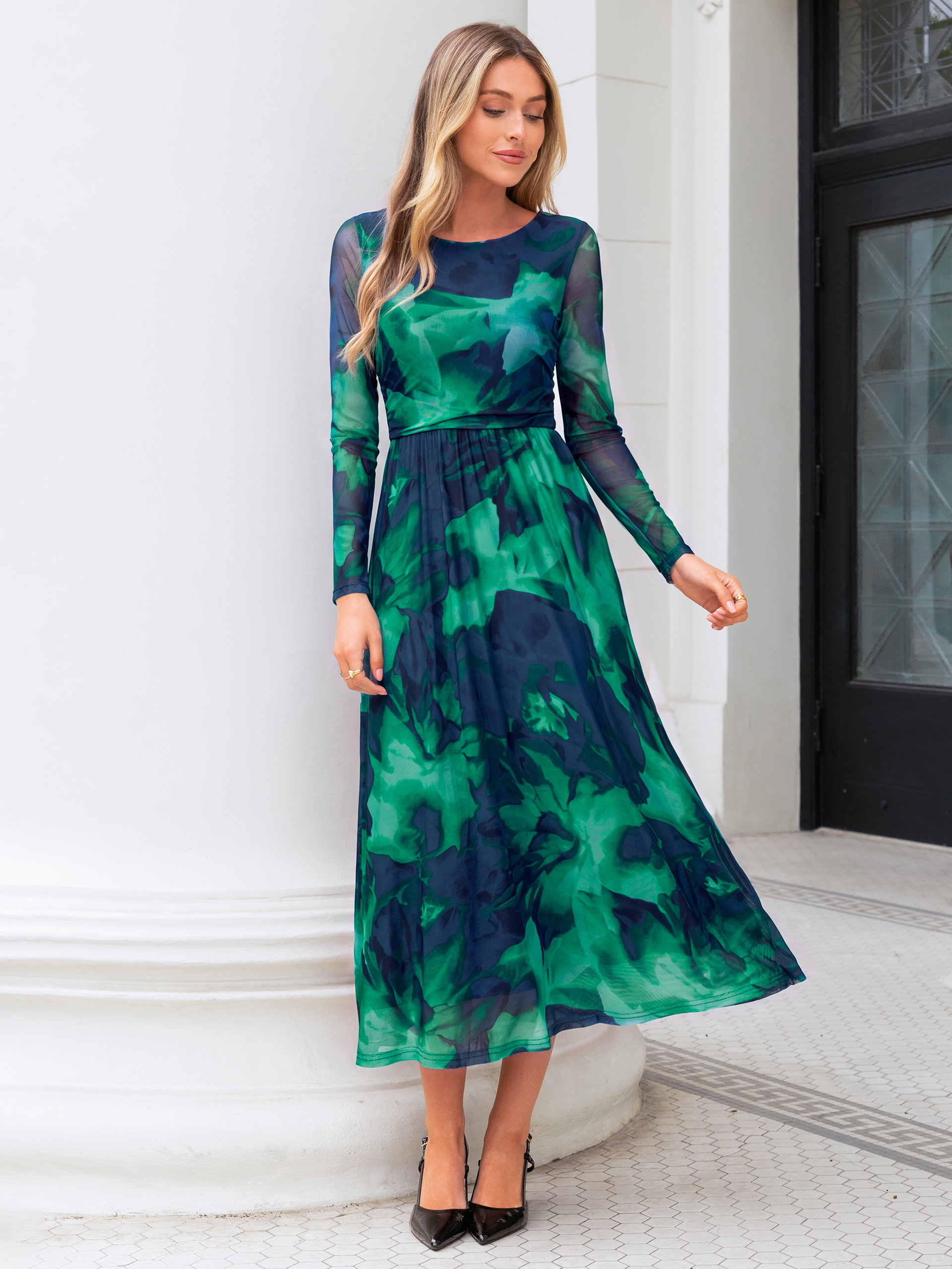 Floral Print Long Sleeve Boat Neck Mesh Maxi Dress