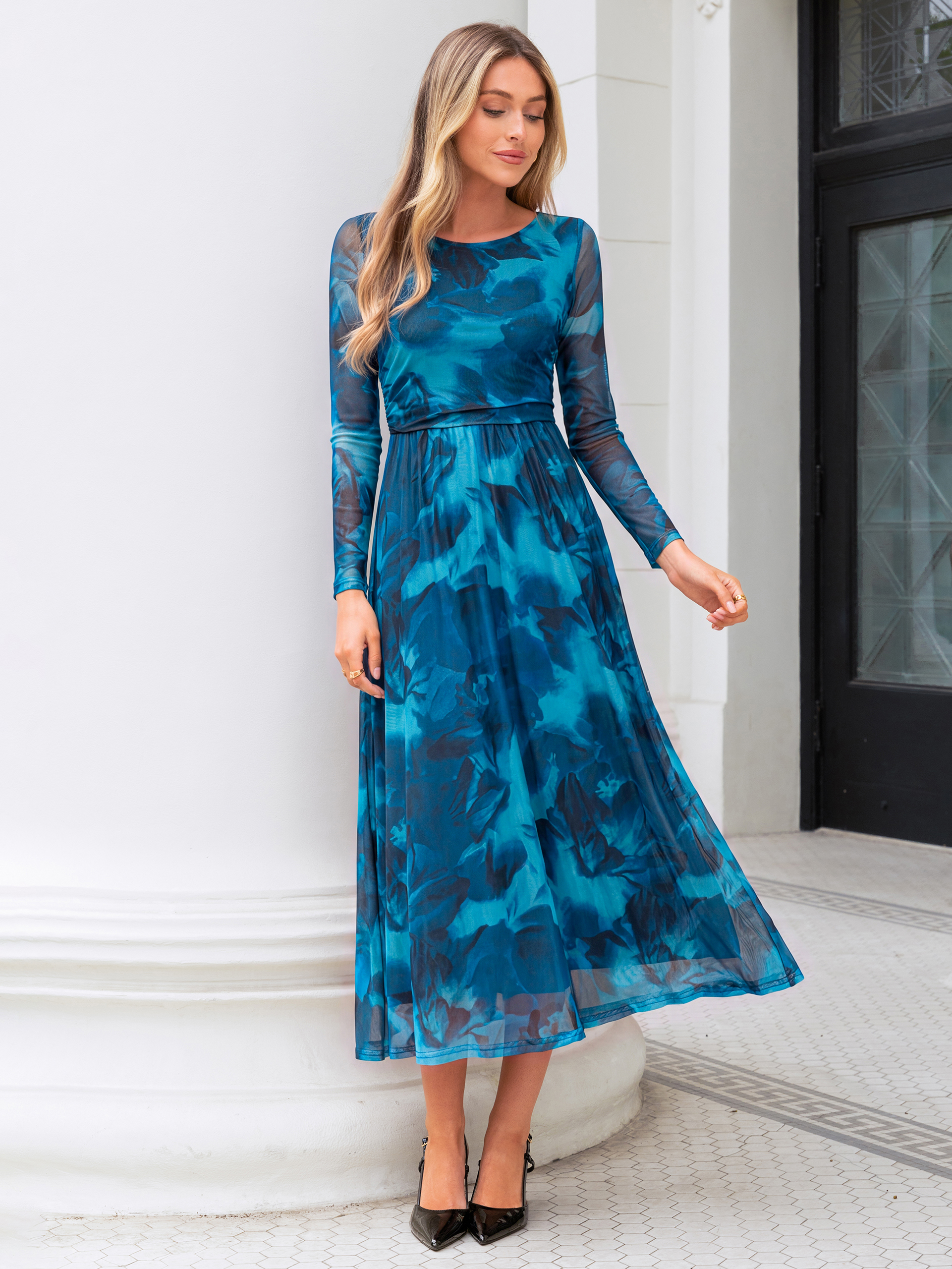 Floral Print Long Sleeve Boat Neck Mesh Maxi Dress