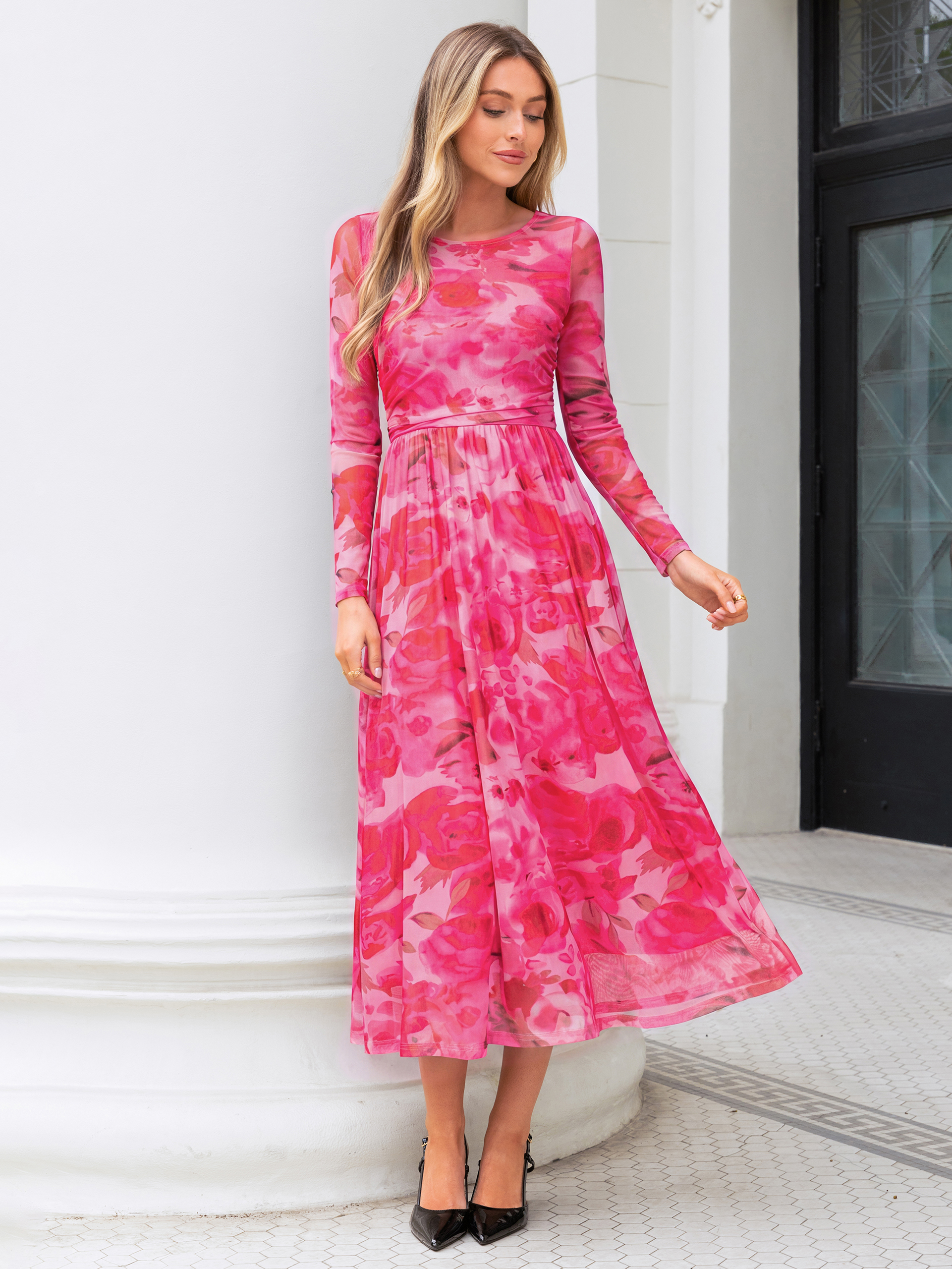 Floral Print Long Sleeve Boat Neck Mesh Maxi Dress