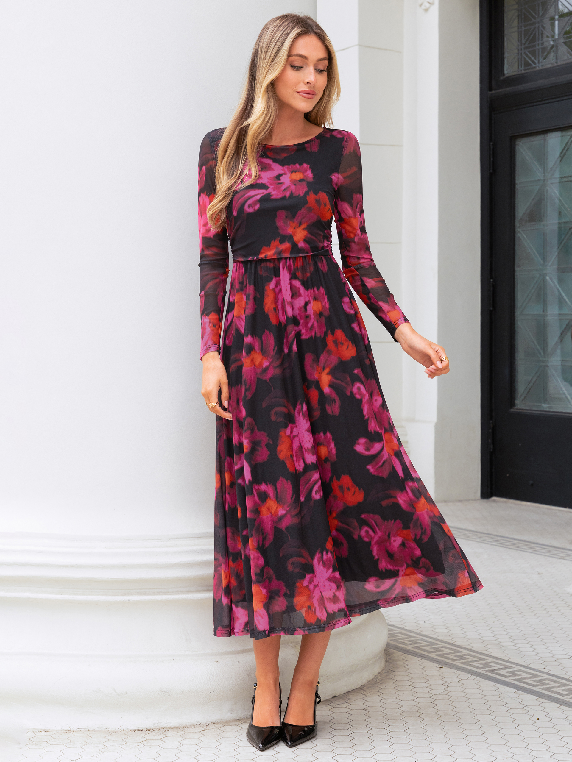 Floral Print Long Sleeve Boat Neck Mesh Maxi Dress