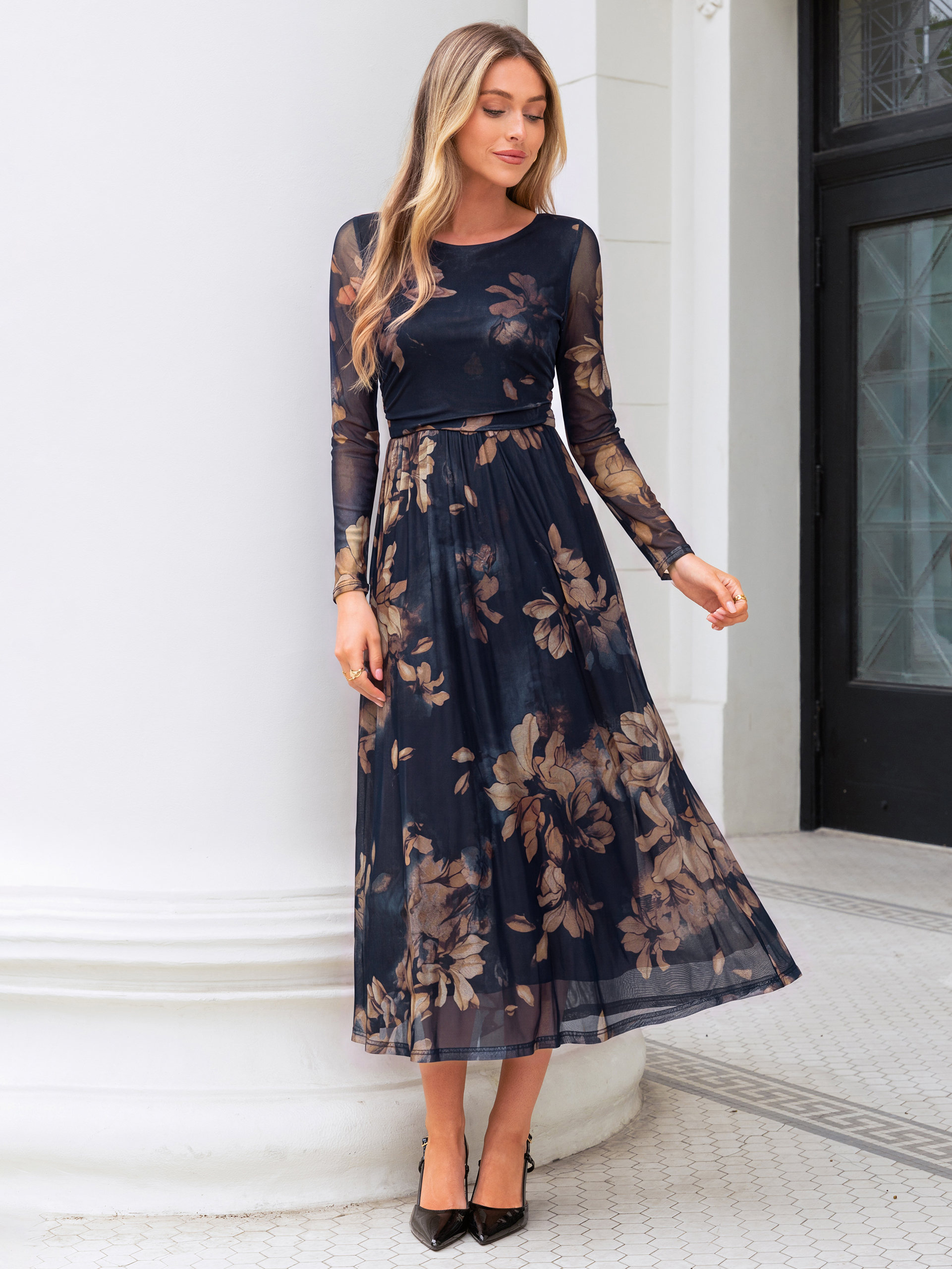 Floral Print Long Sleeve Boat Neck Mesh Maxi Dress