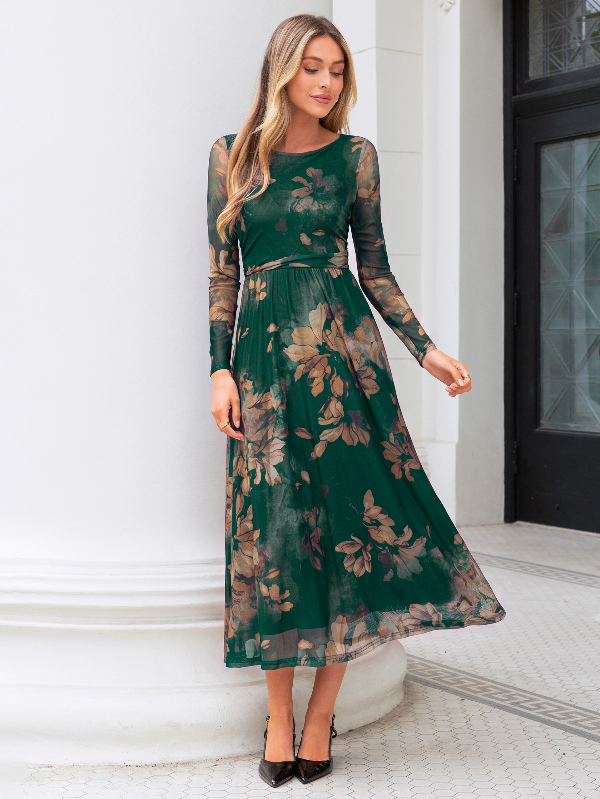 Floral Print Long Sleeve Boat Neck Mesh Maxi Dress