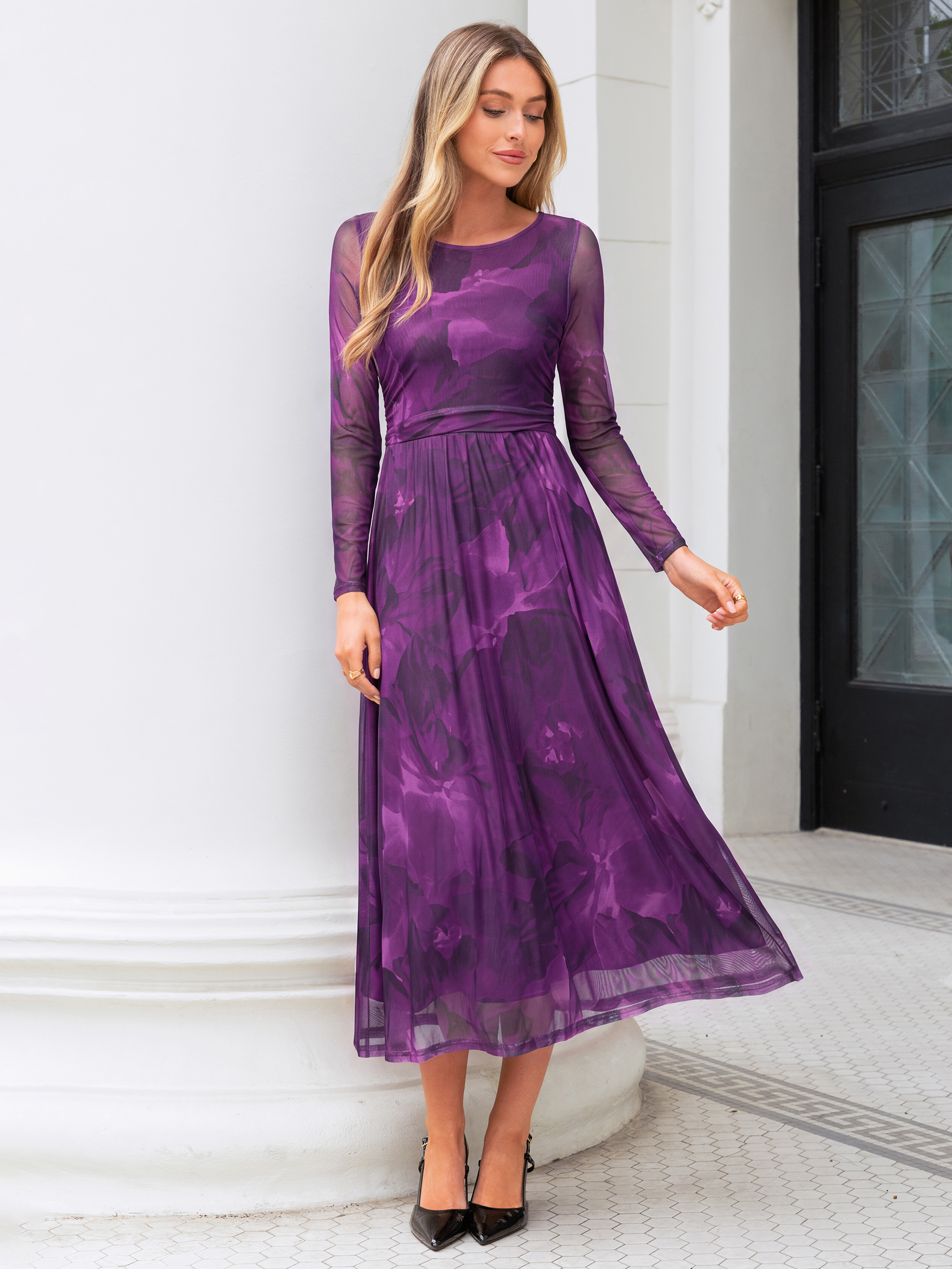 Floral Print Long Sleeve Boat Neck Mesh Maxi Dress