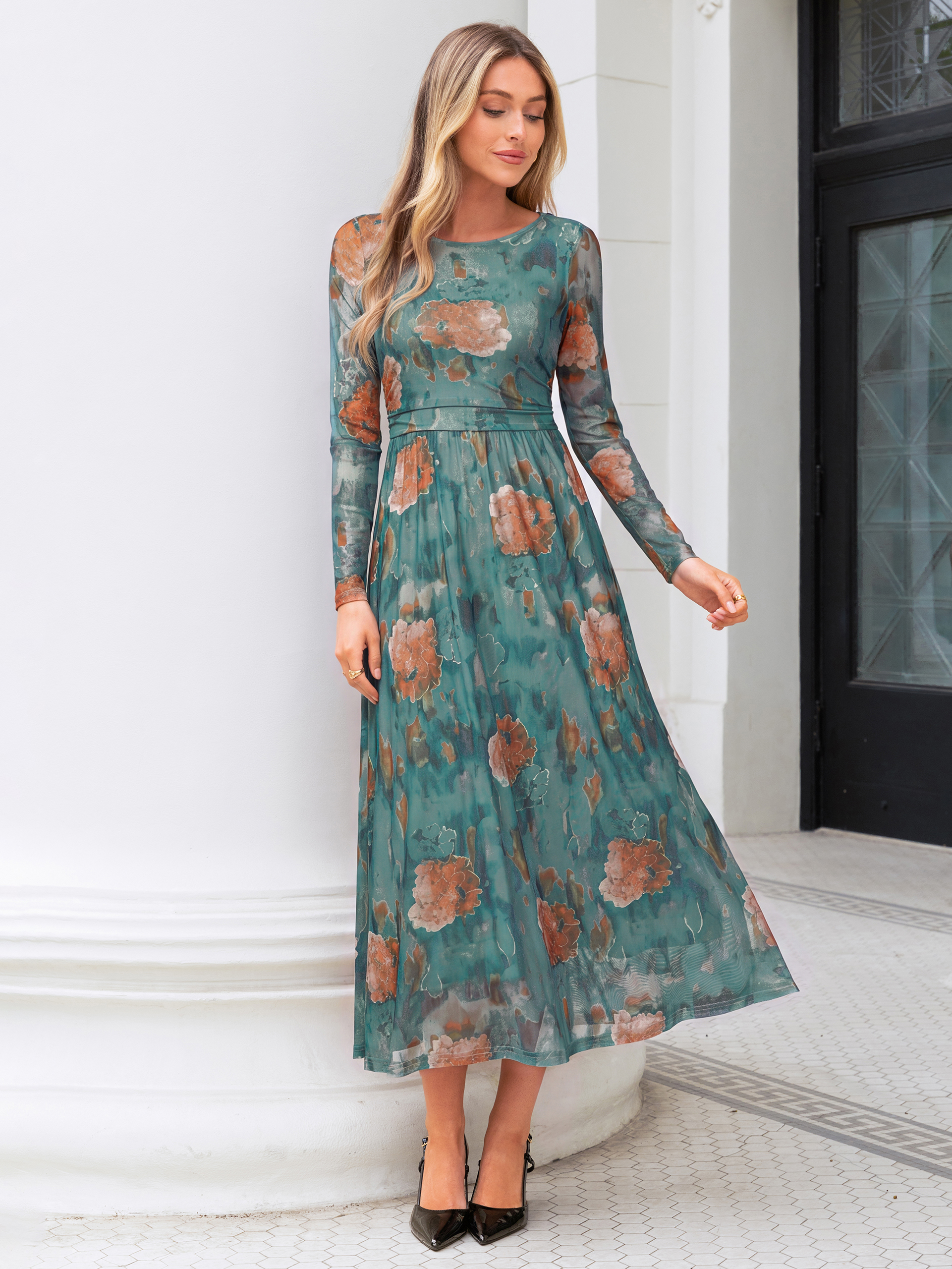 Floral Print Long Sleeve Boat Neck Mesh Maxi Dress