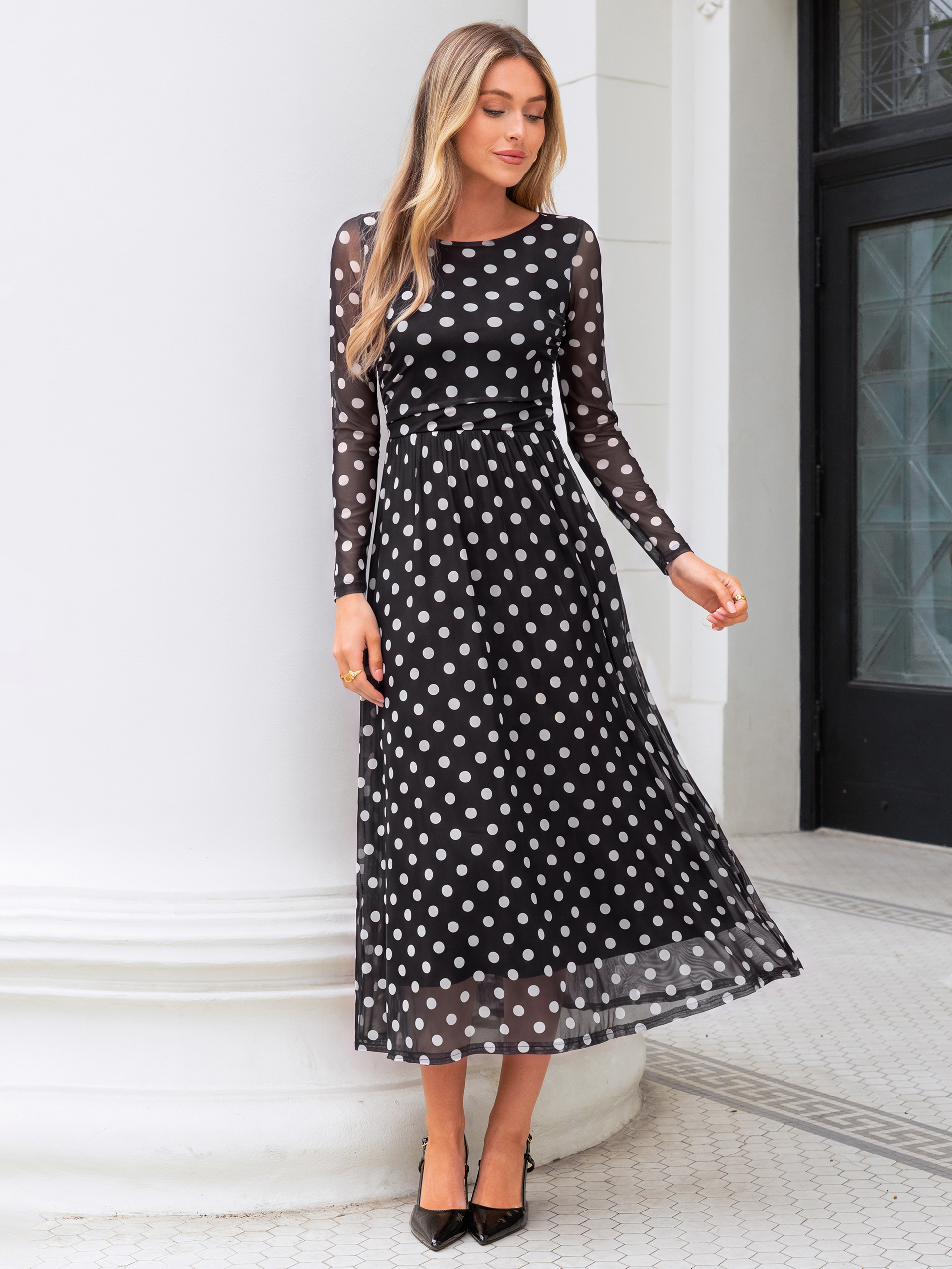 Polka Dot Print Boat Neck Sheer Sleeve Maxi Dress