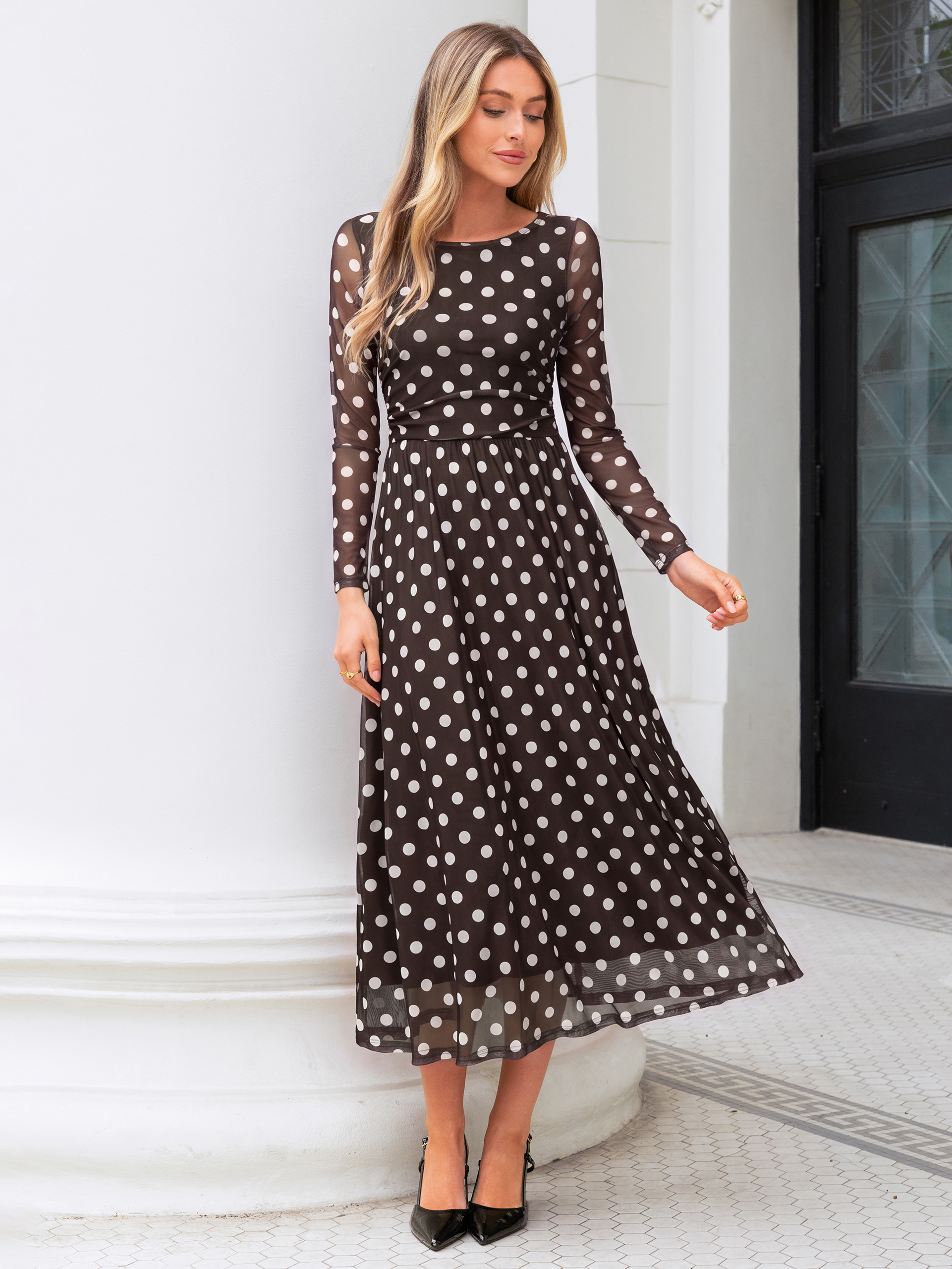 Polka Dot Print Boat Neck Sheer Sleeve Maxi Dress