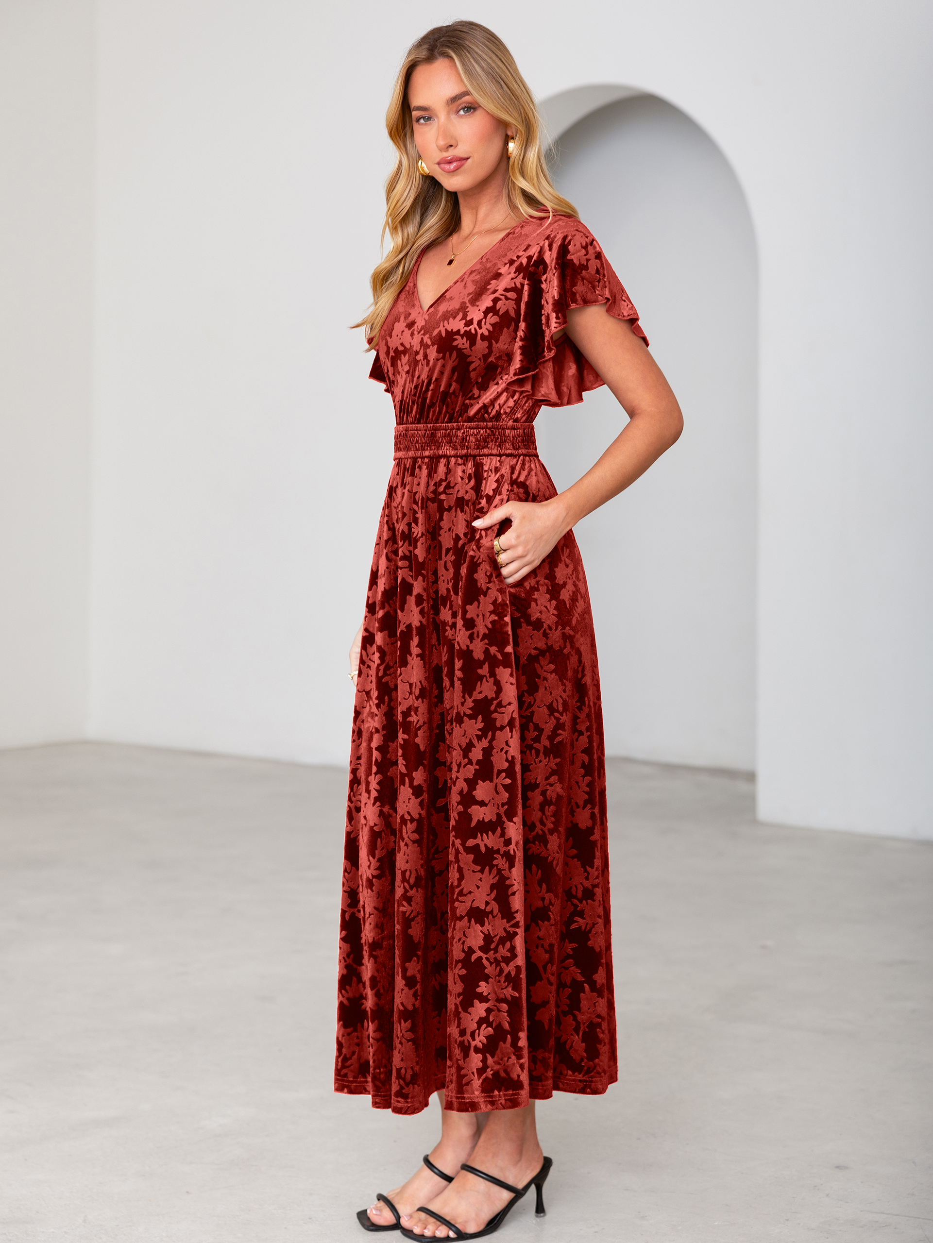V-Neck Flutter Sleeve Burnout Velvet Maxi Dress