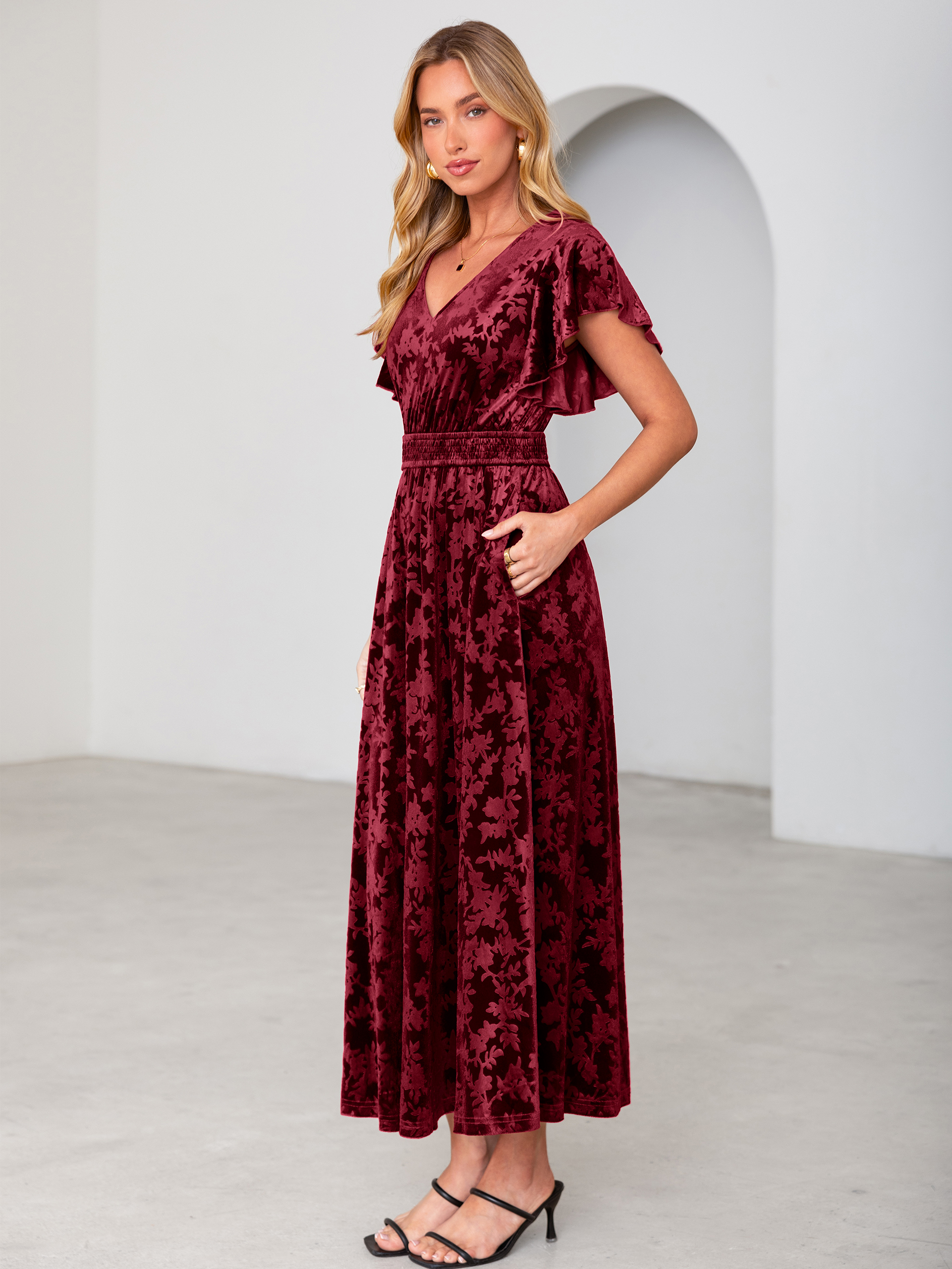 V-Neck Flutter Sleeve Burnout Velvet Maxi Dress