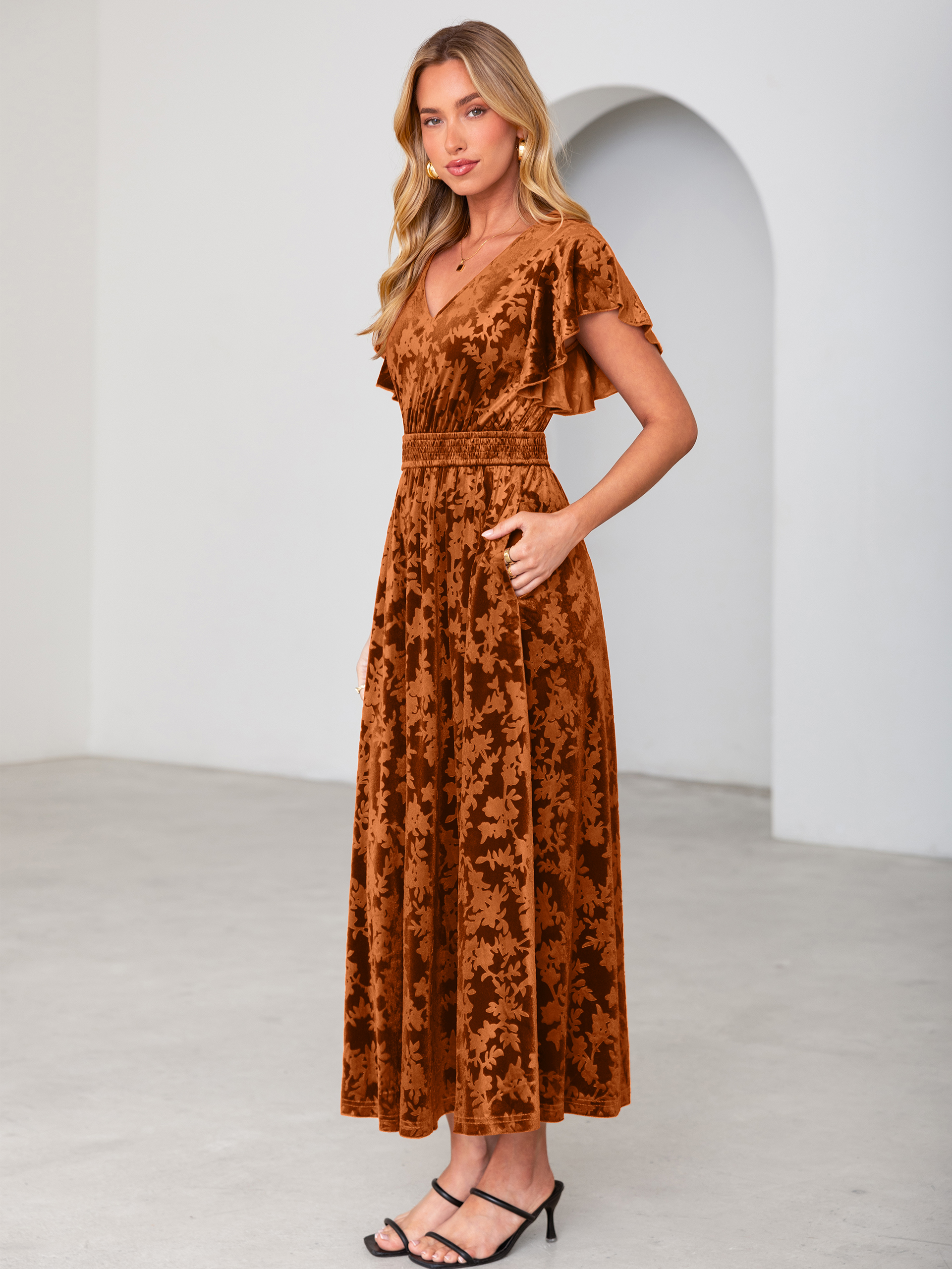 V-Neck Flutter Sleeve Burnout Velvet Maxi Dress