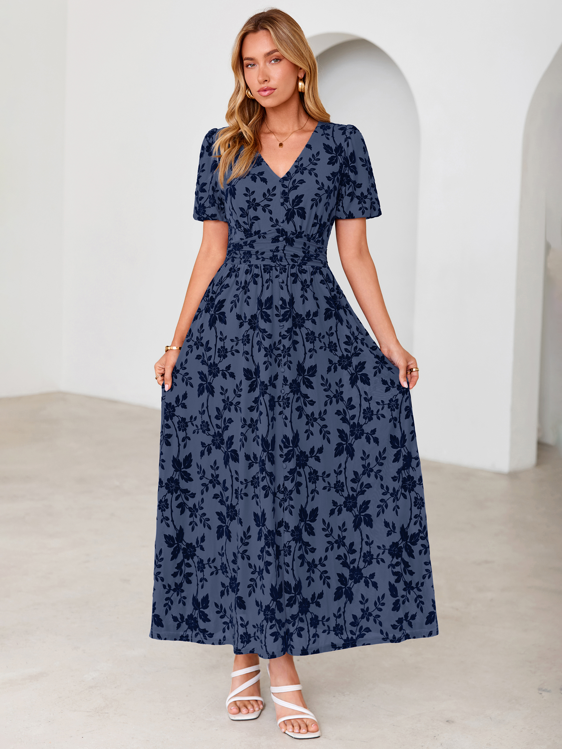 Slit Front Flocked Floral Mesh Smocked Maxi Dress