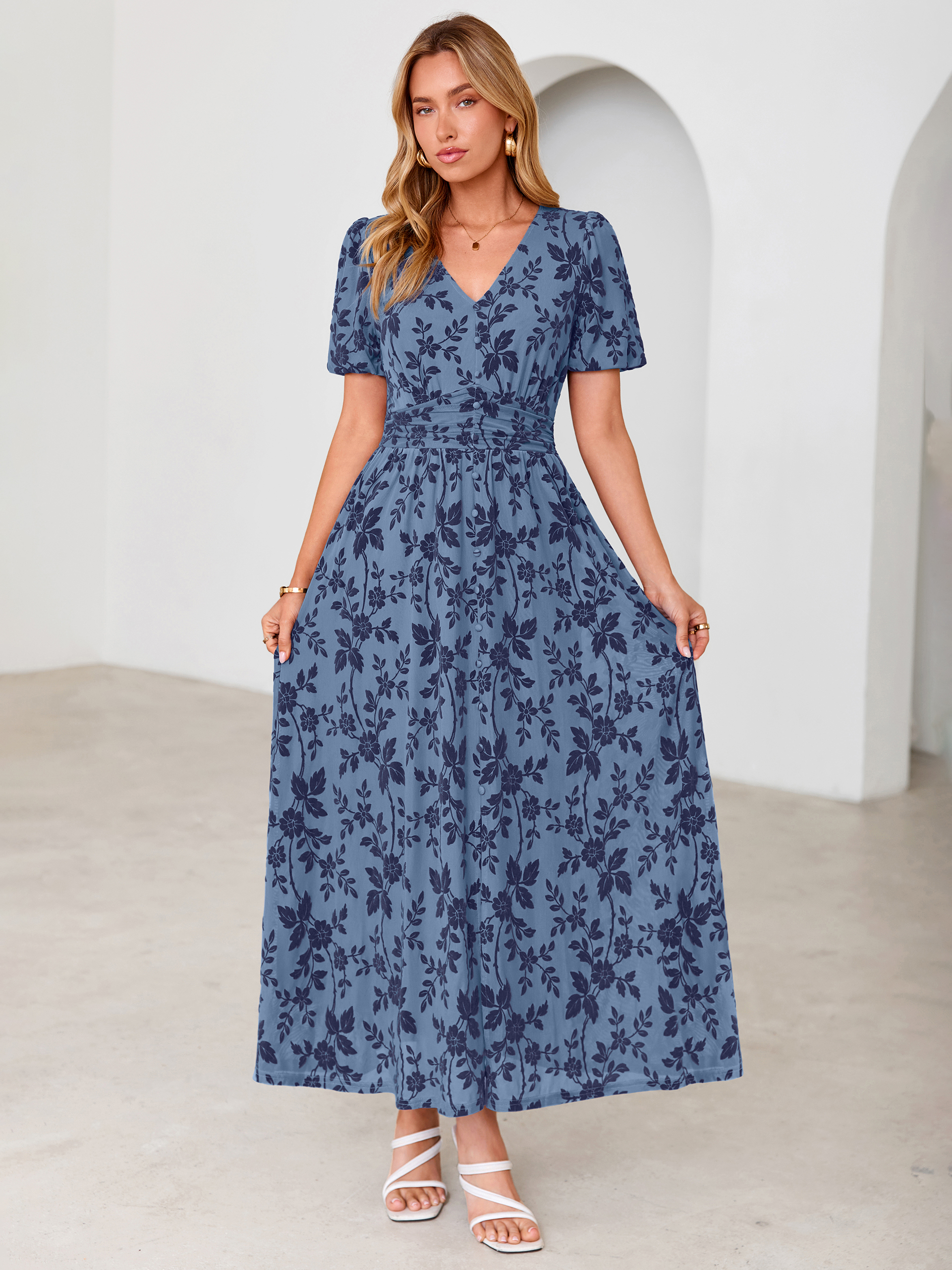 Slit Front Flocked Floral Mesh Smocked Maxi Dress