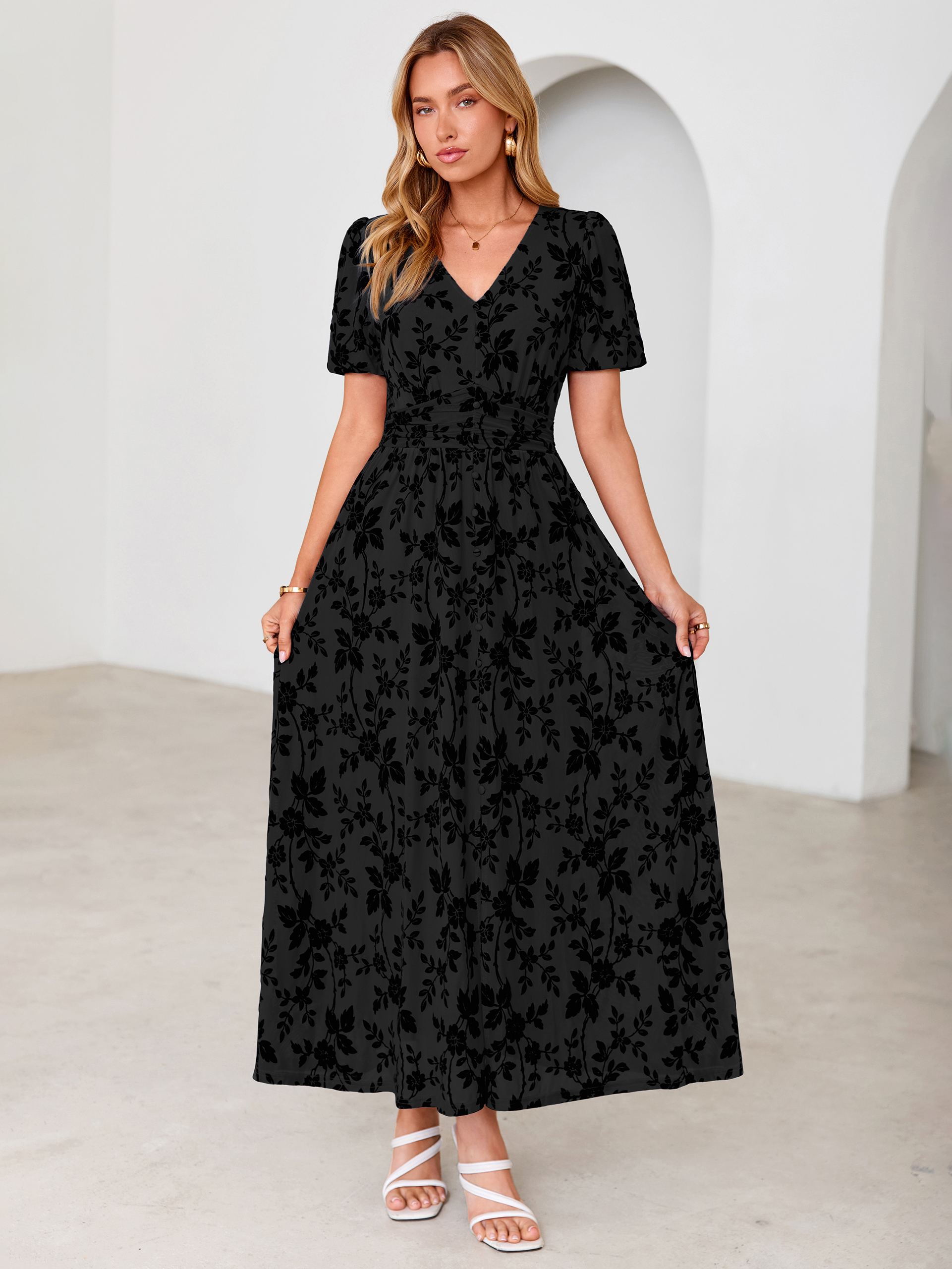Slit Front Flocked Floral Mesh Smocked Maxi Dress