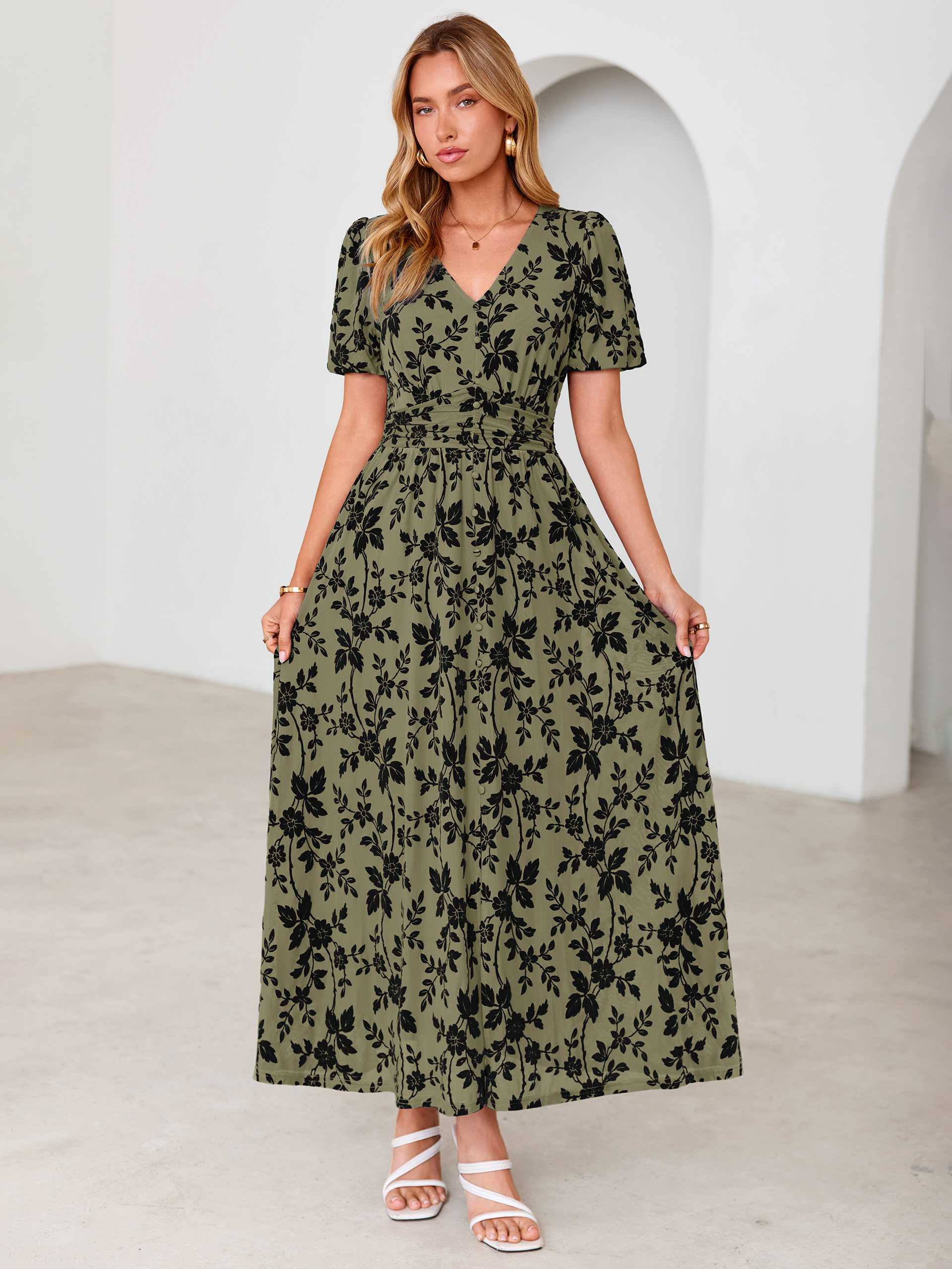 Slit Front Flocked Floral Mesh Smocked Maxi Dress