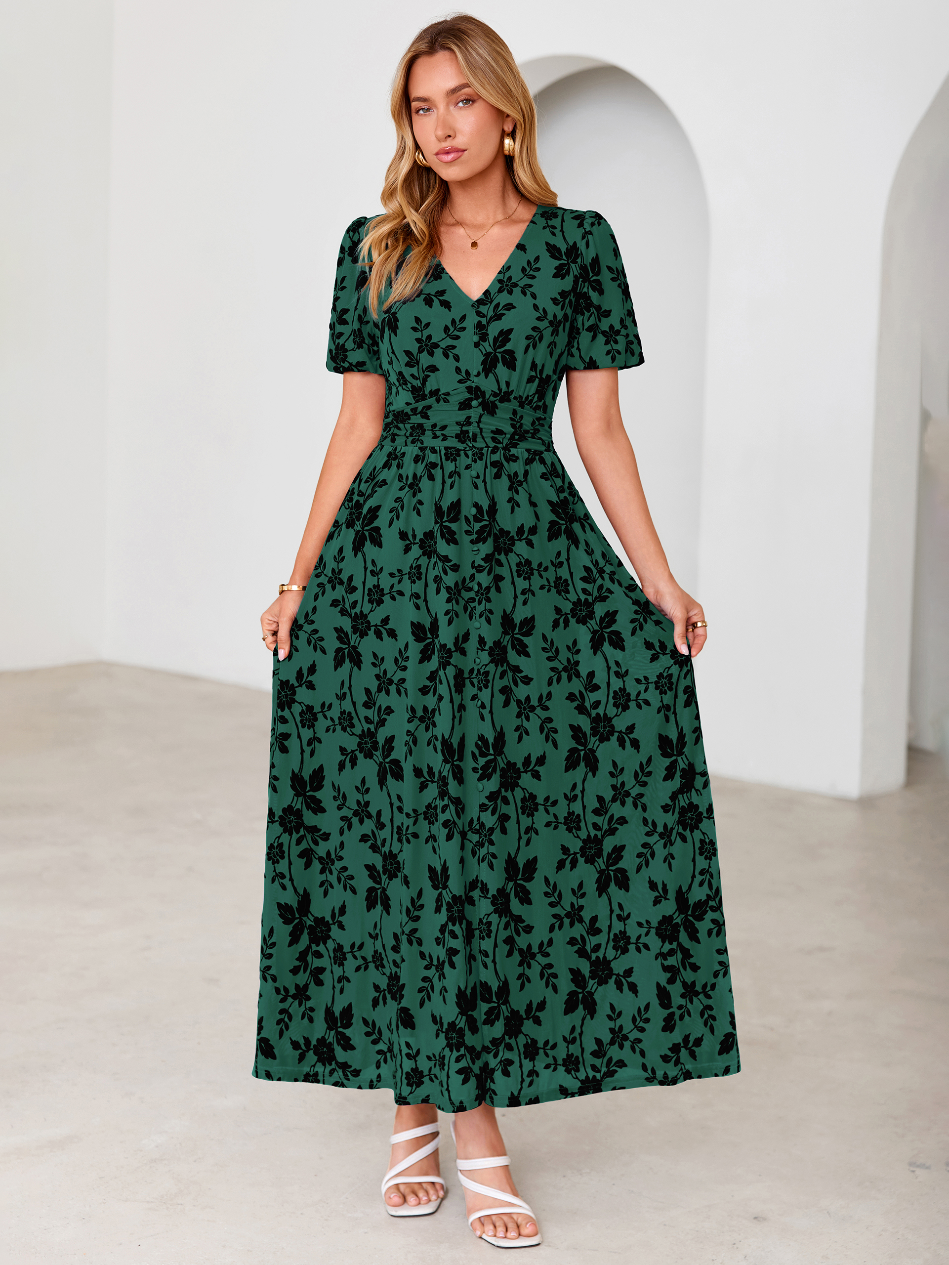 Slit Front Flocked Floral Mesh Smocked Maxi Dress