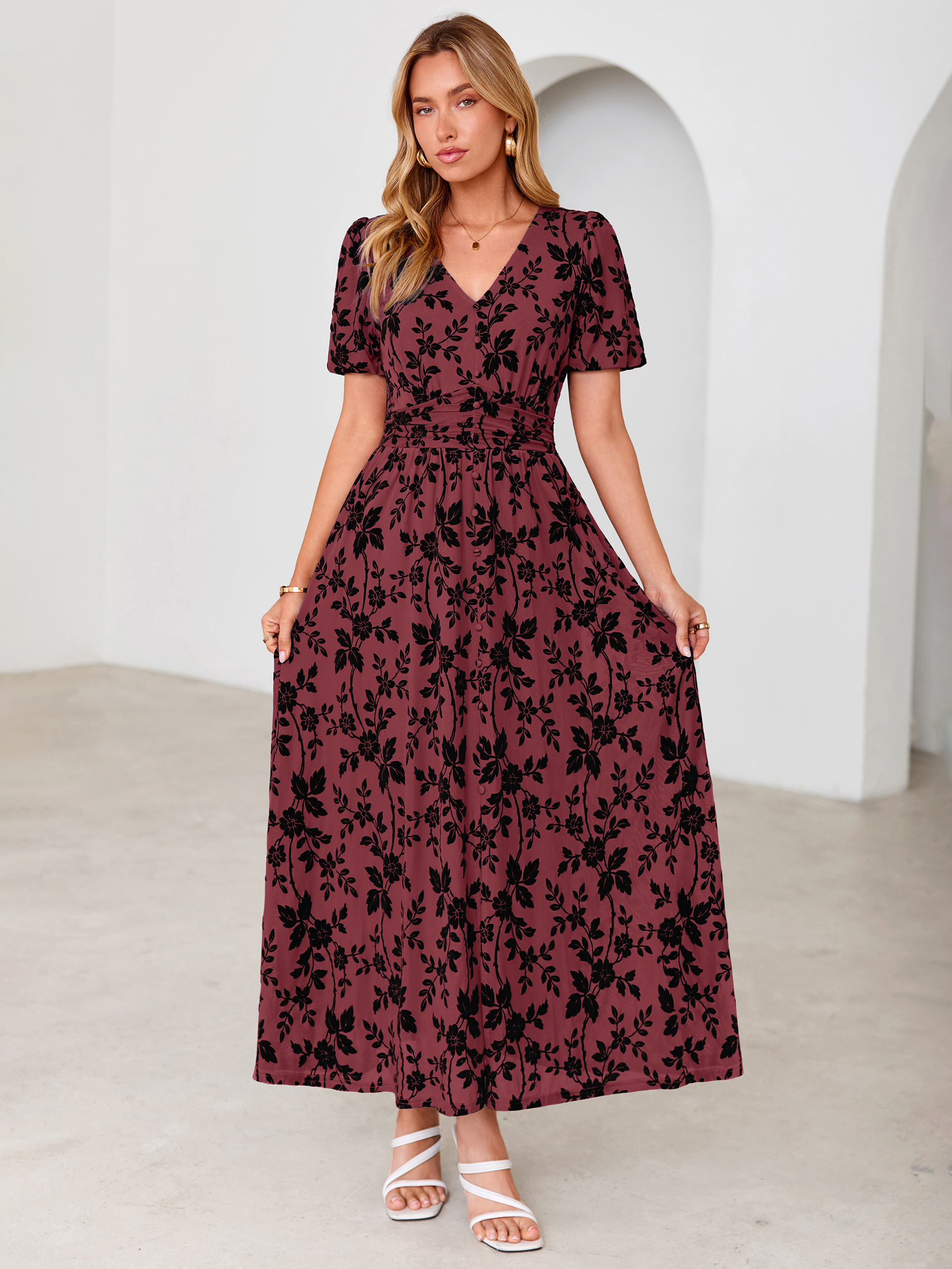 Slit Front Flocked Floral Mesh Smocked Maxi Dress