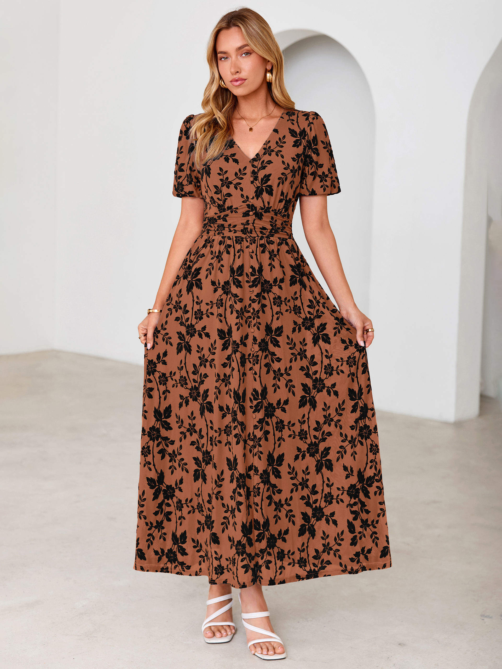 Slit Front Flocked Floral Mesh Smocked Maxi Dress