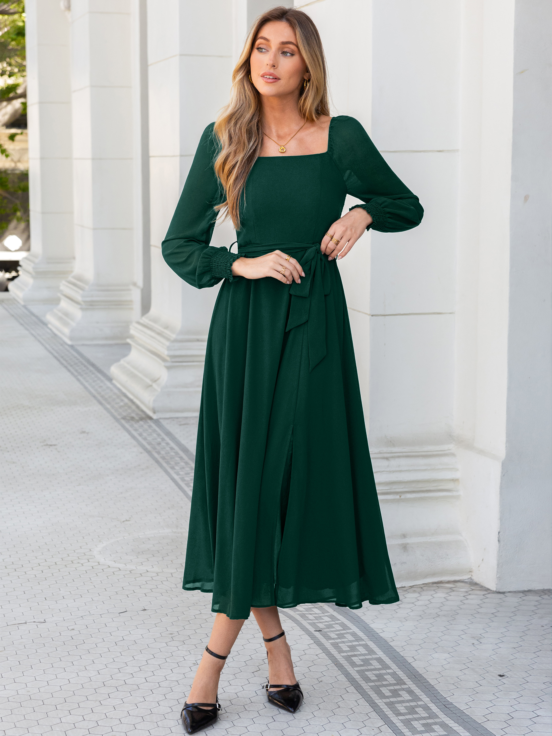 Square Neck Long Sleeve Chiffon A-Line Maxi Dress