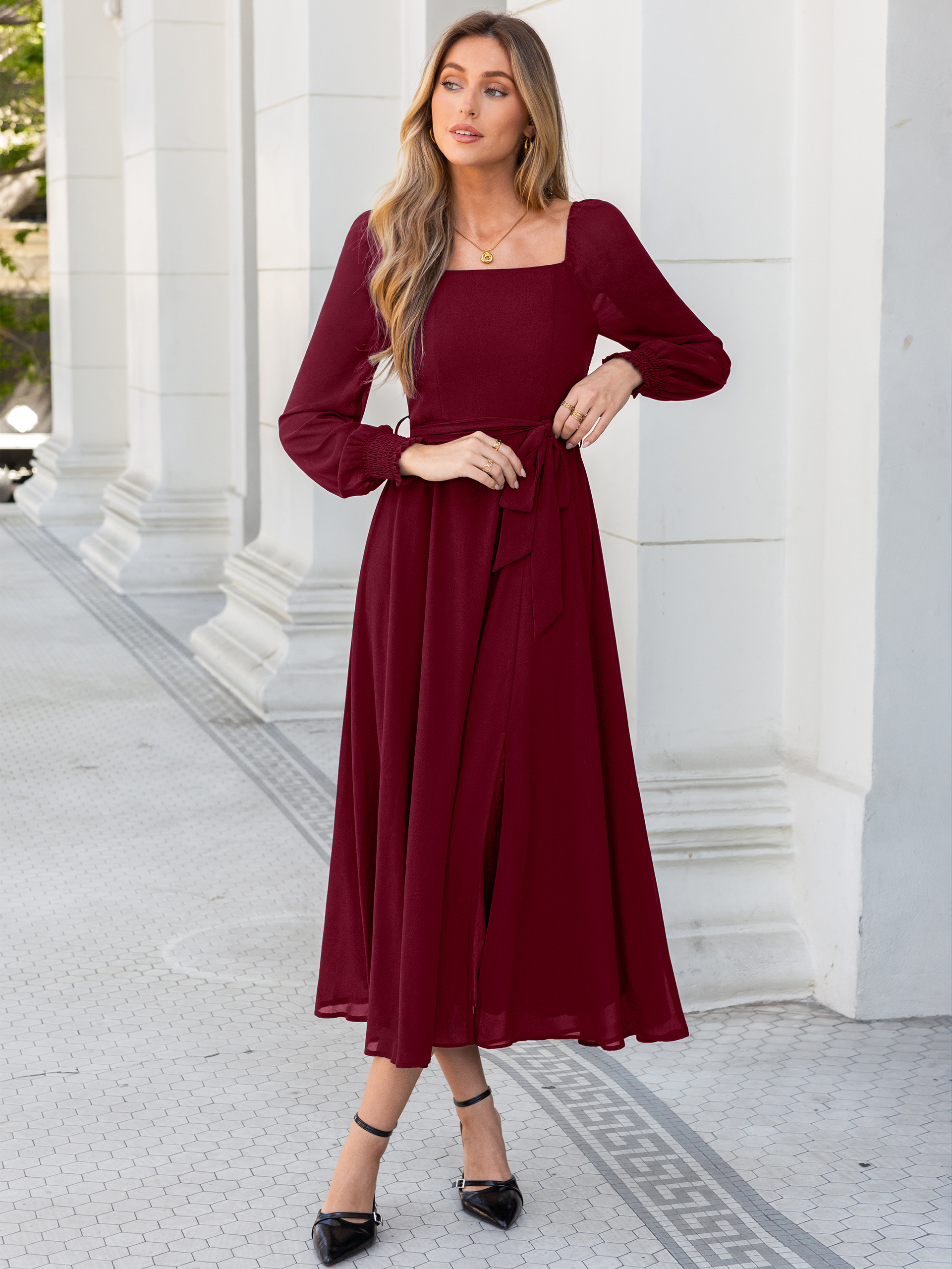 Square Neck Long Sleeve Chiffon A-Line Maxi Dress