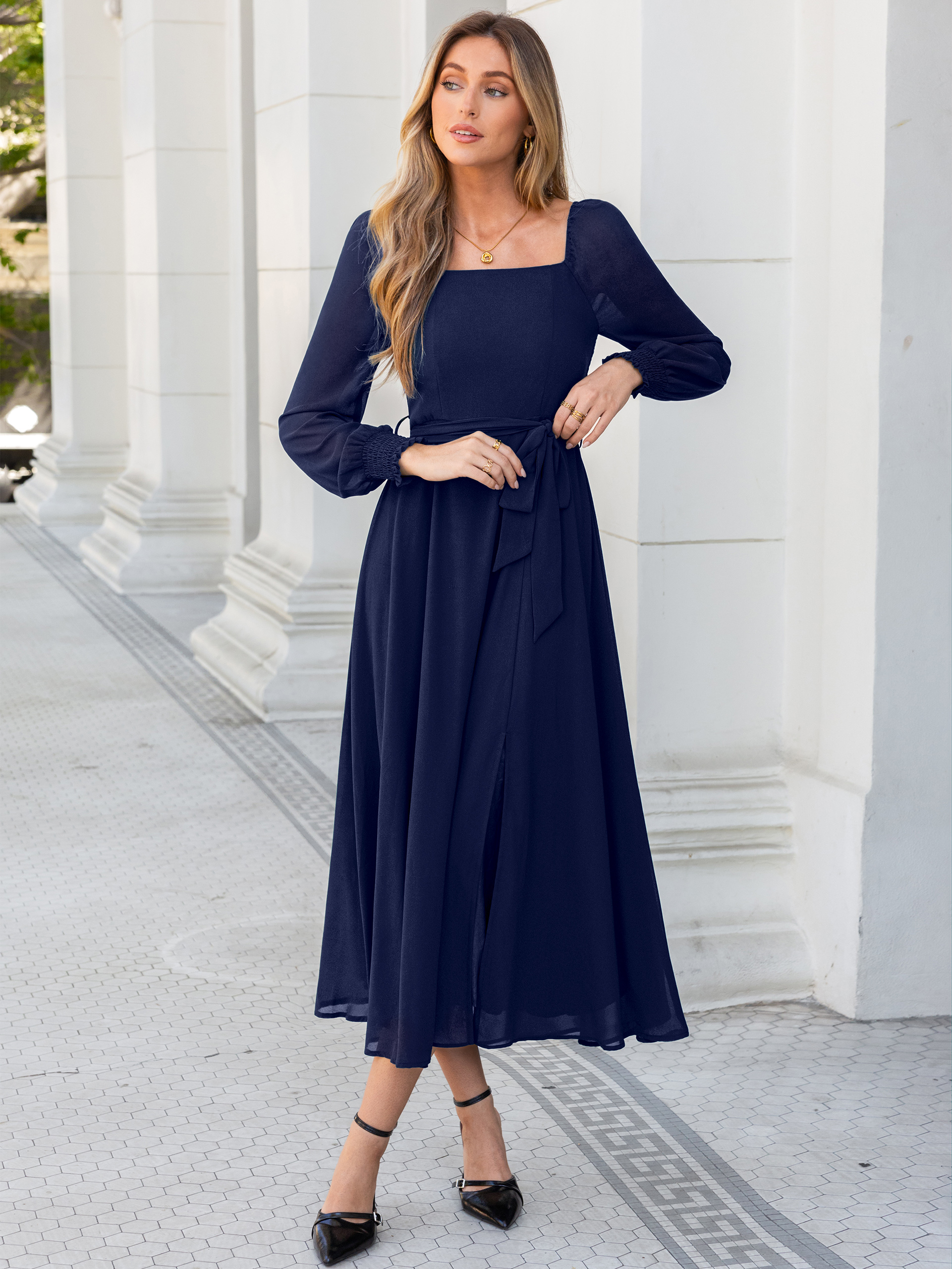 Square Neck Long Sleeve Chiffon A-Line Maxi Dress