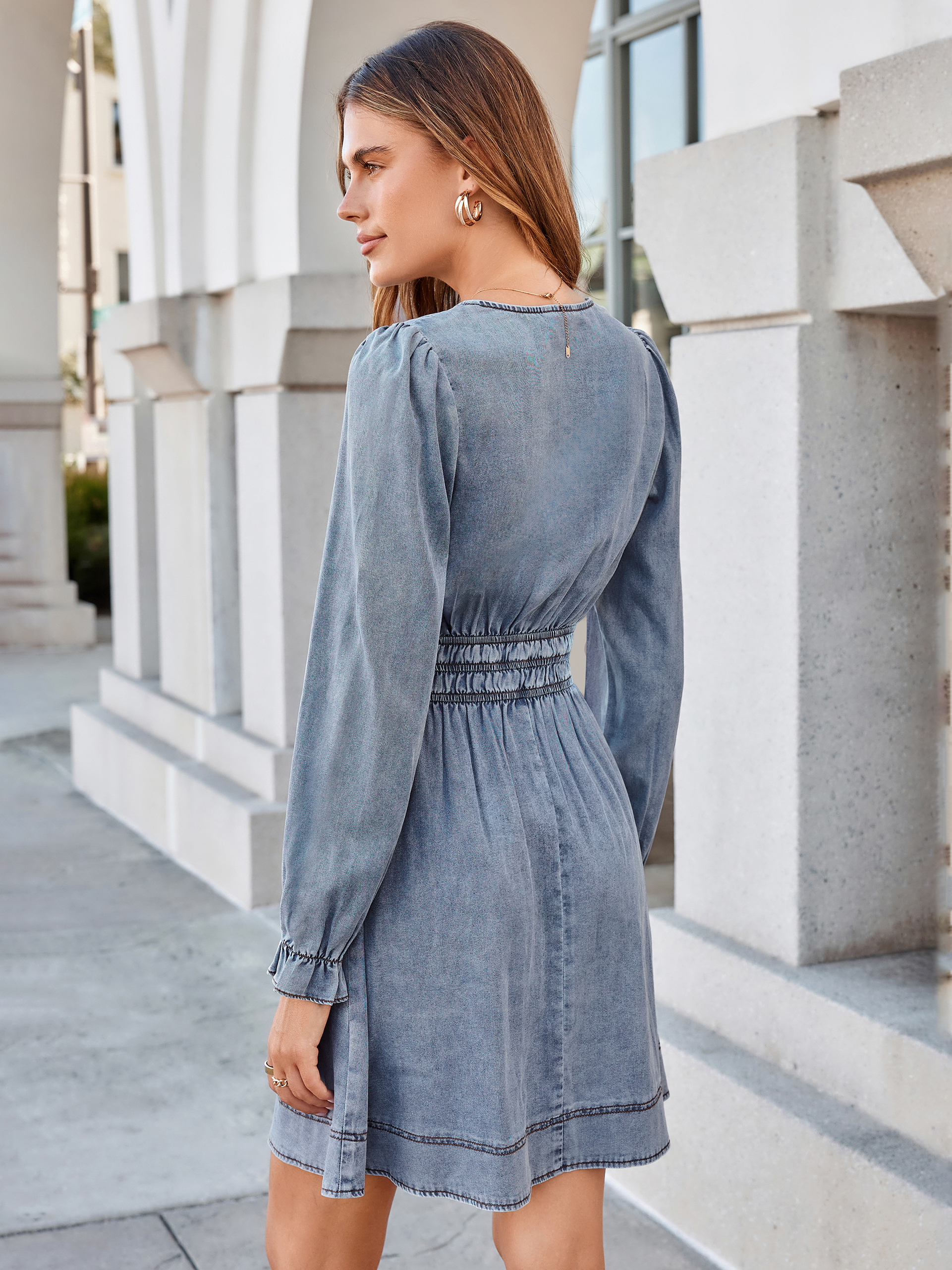 V-Neck Smocked Waist Long Sleeve Denim Mini Dress