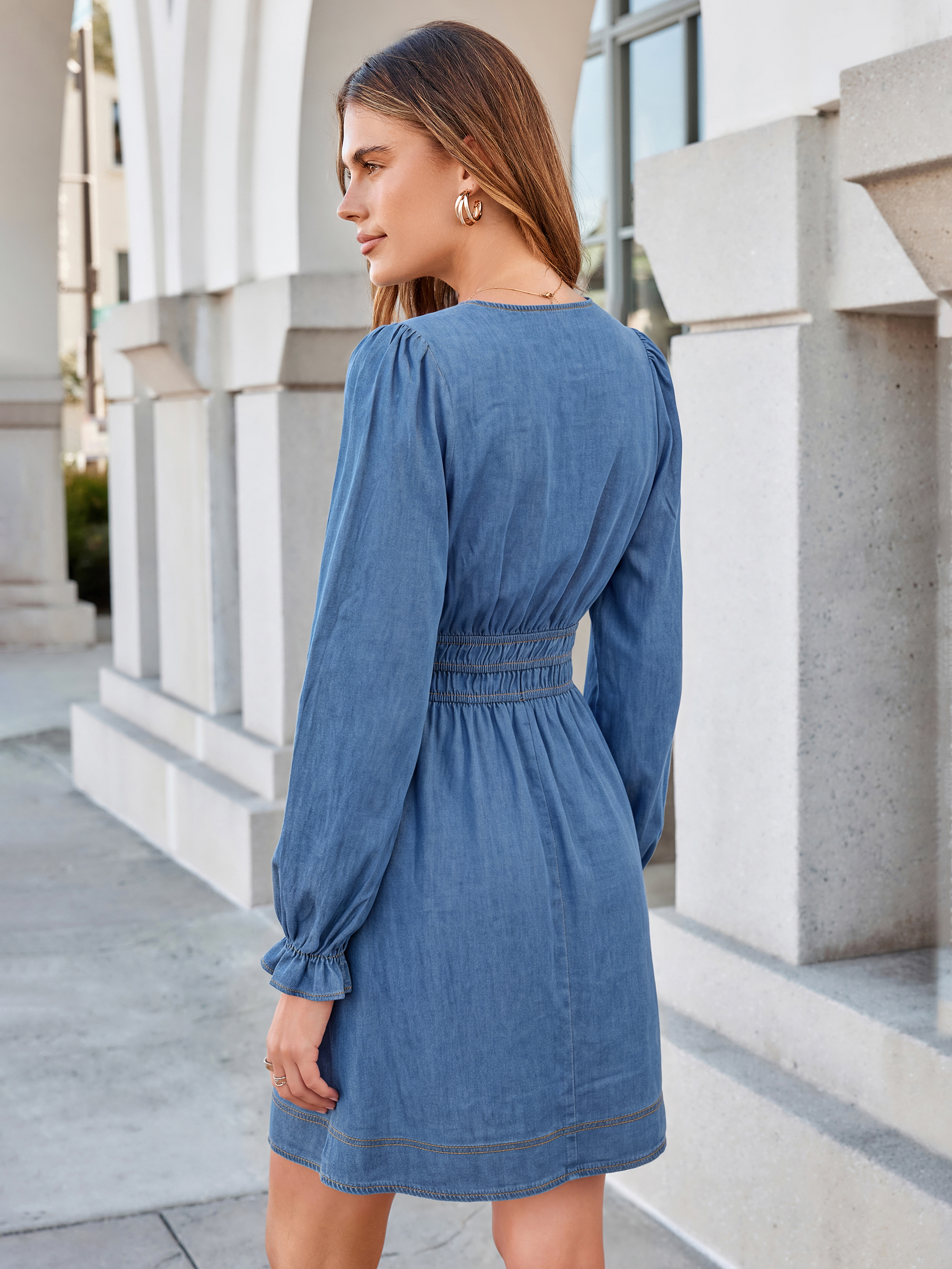 V-Neck Smocked Waist Long Sleeve Denim Mini Dress