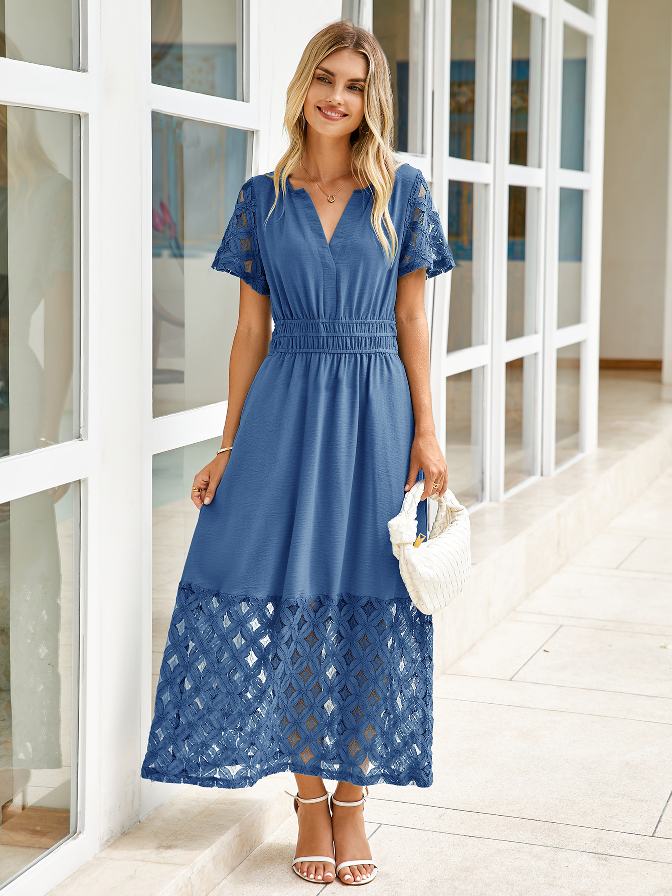 Lace Boho V Neck Short Sleeve Tiered Maxi Dress - Blue