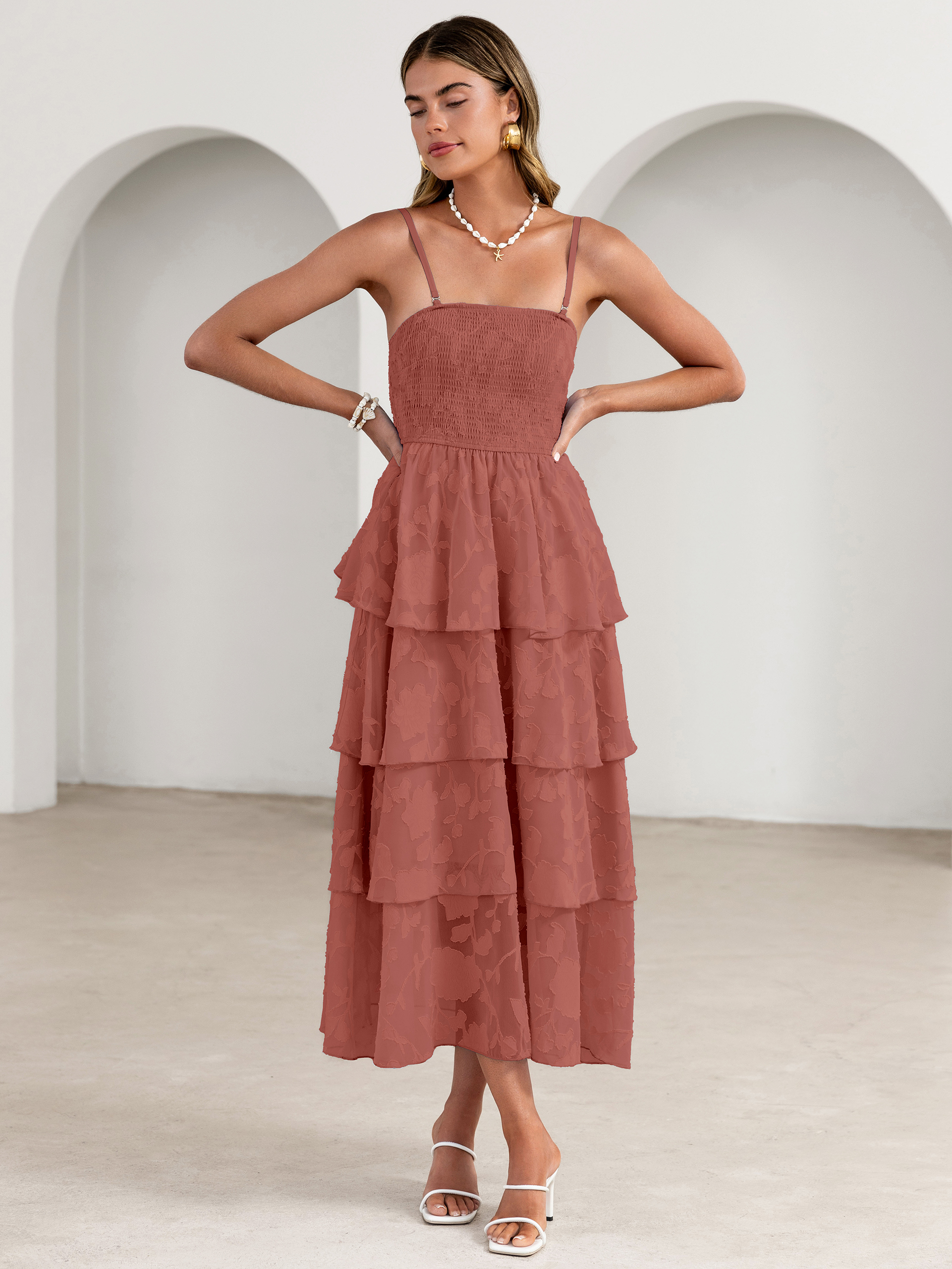 Floral Strapless Smocked Tiered Maxi Dress - Roseous