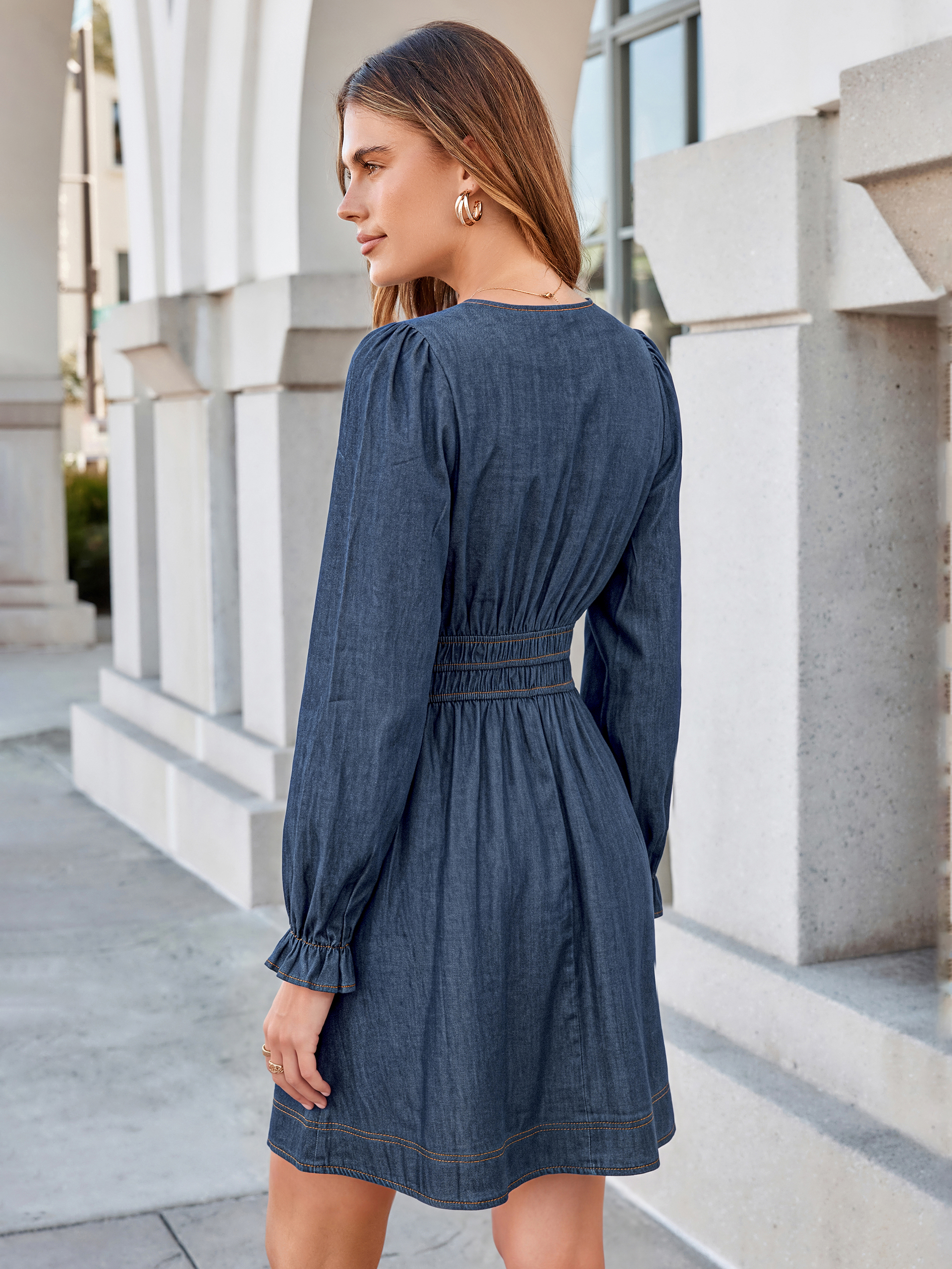 V-Neck Smocked Waist Long Sleeve Denim Mini Dress