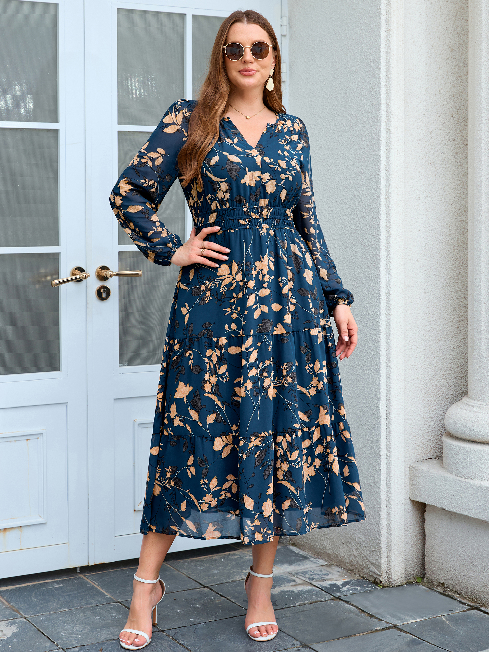 Plus Size V-Neck Long Sleeve Floral Chiffon Maxi Dress