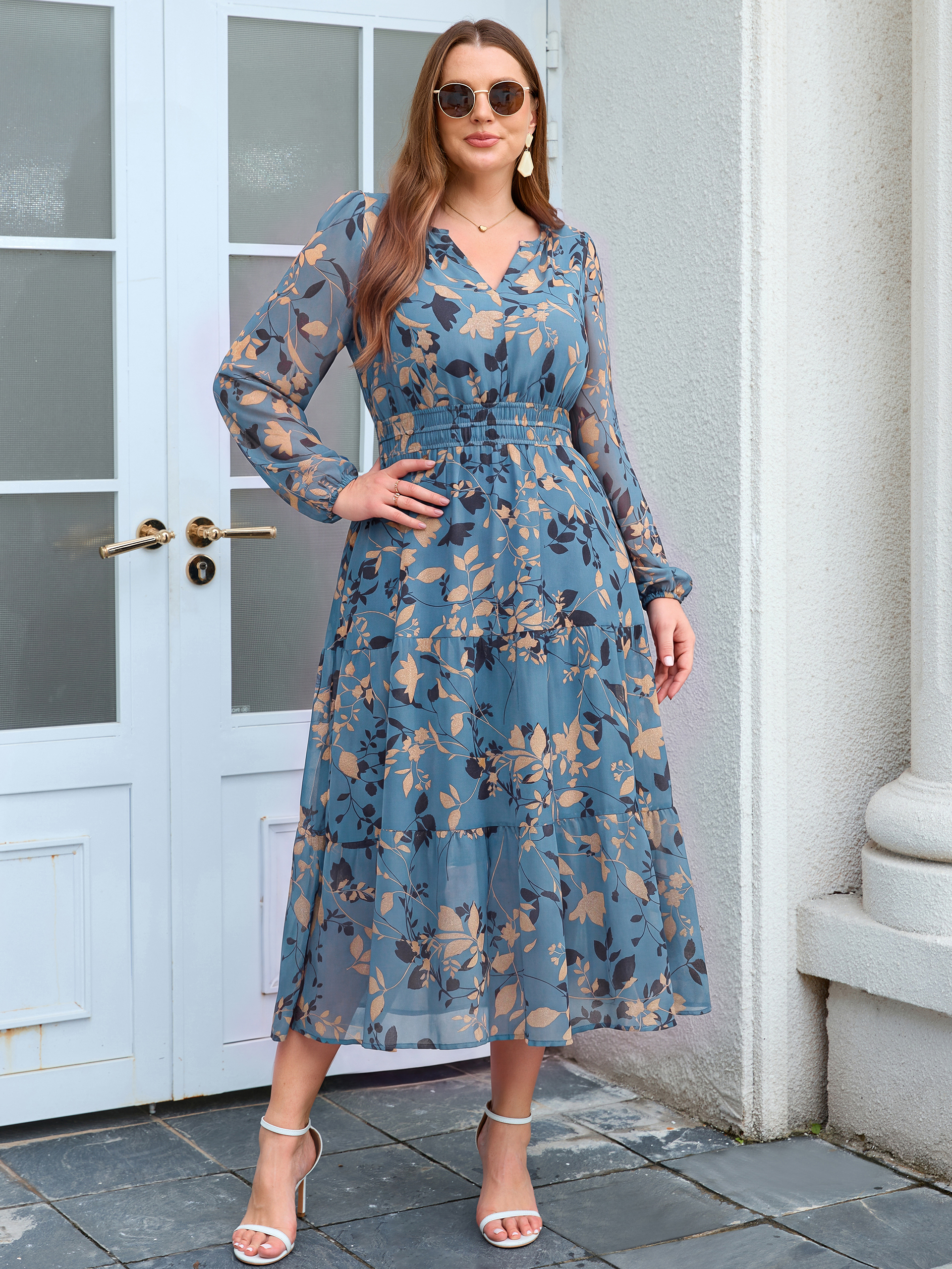 Plus Size V-Neck Long Sleeve Floral Chiffon Maxi Dress