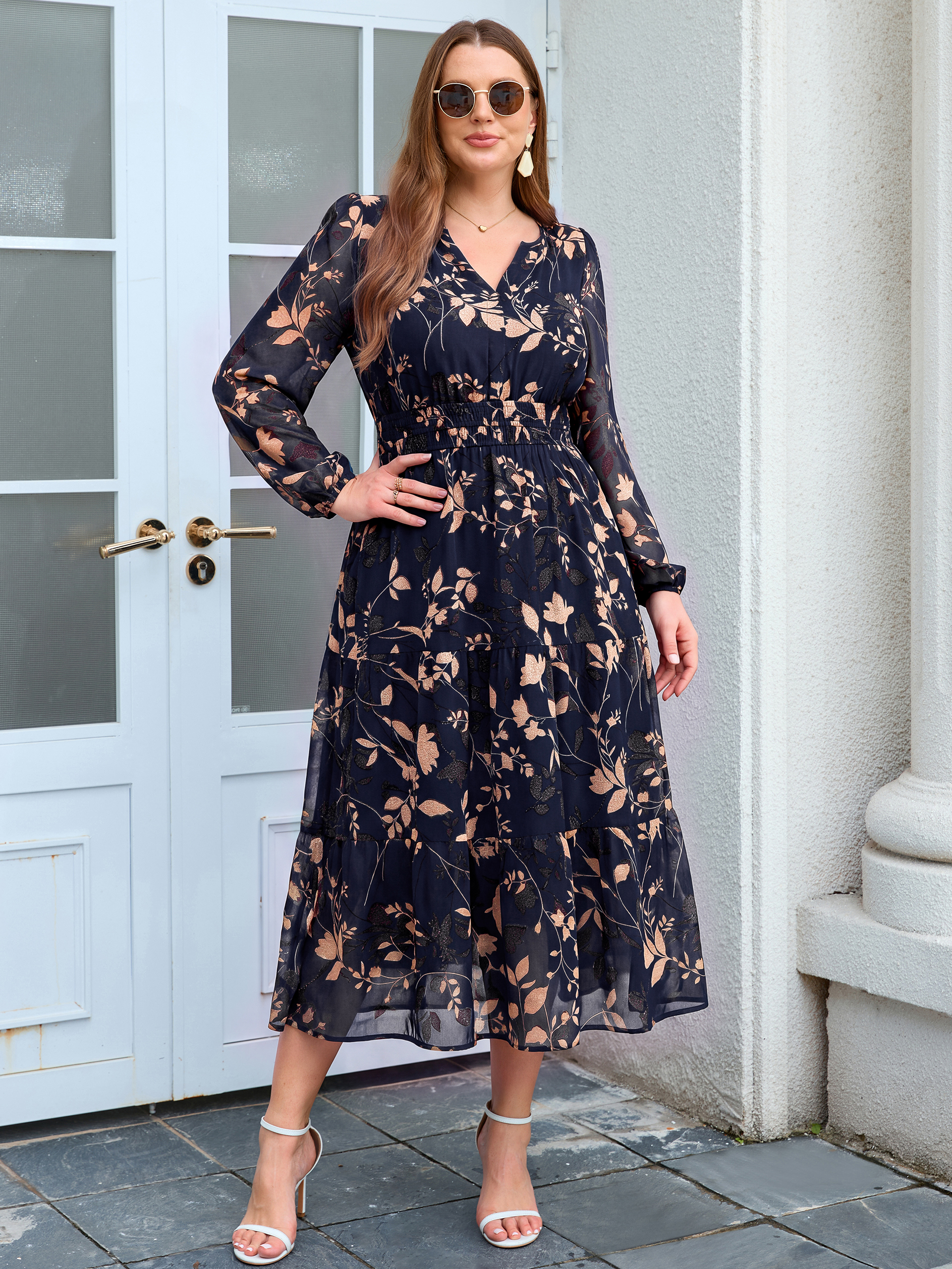Plus Size V-Neck Long Sleeve Floral Chiffon Maxi Dress