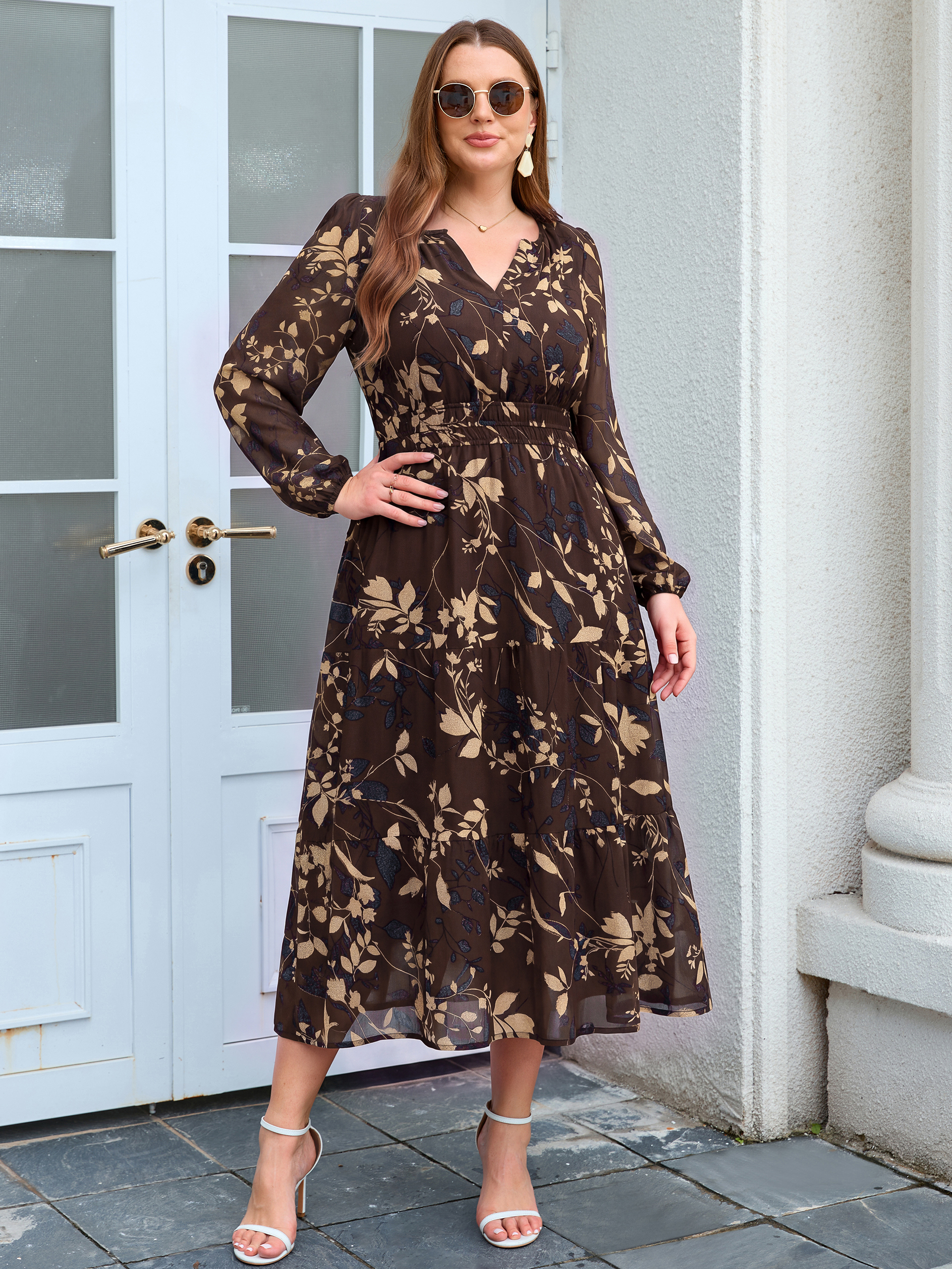 Plus Size V-Neck Long Sleeve Floral Chiffon Maxi Dress