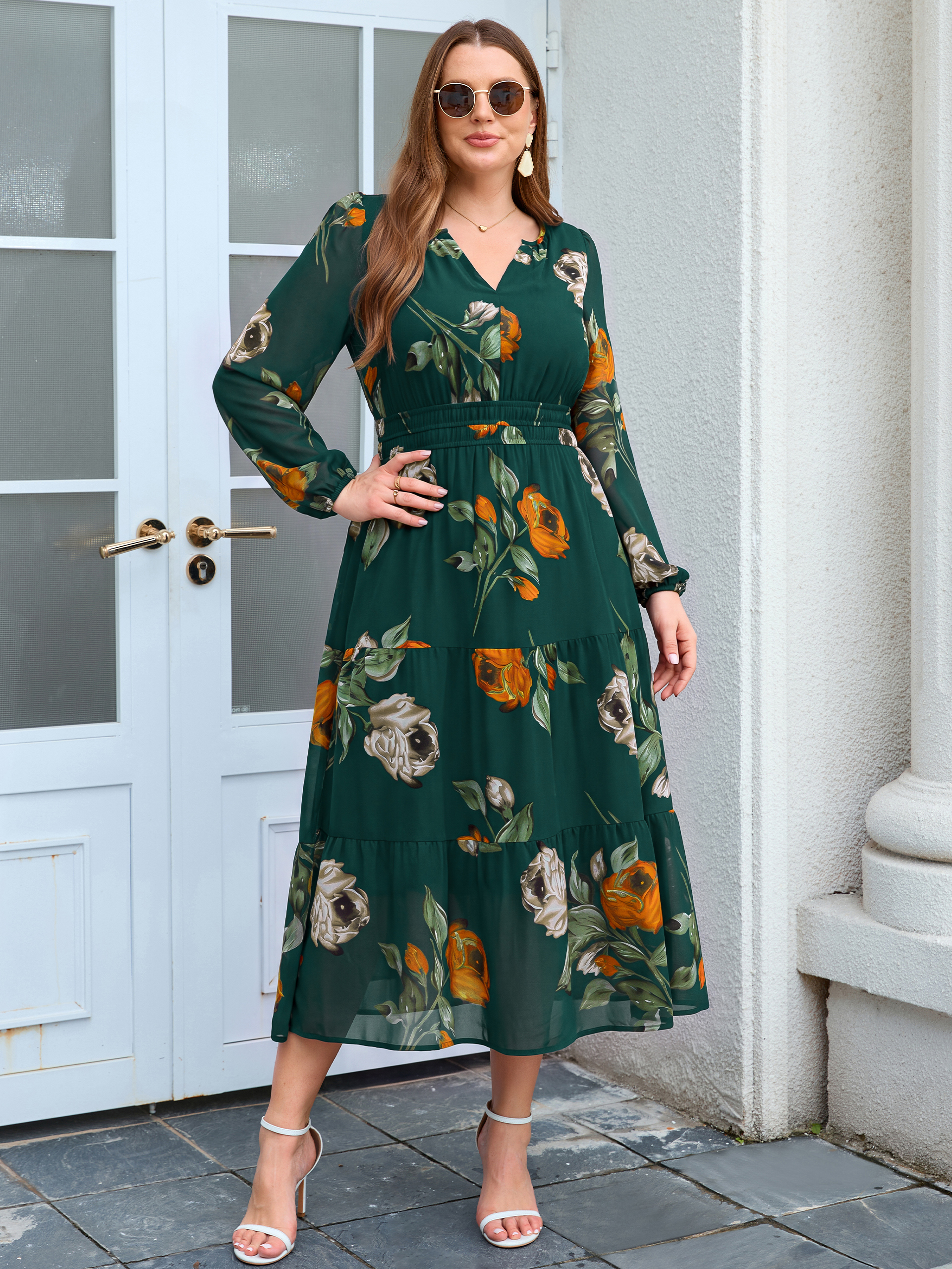 Plus Size V-Neck Long Sleeve Floral Chiffon Maxi Dress