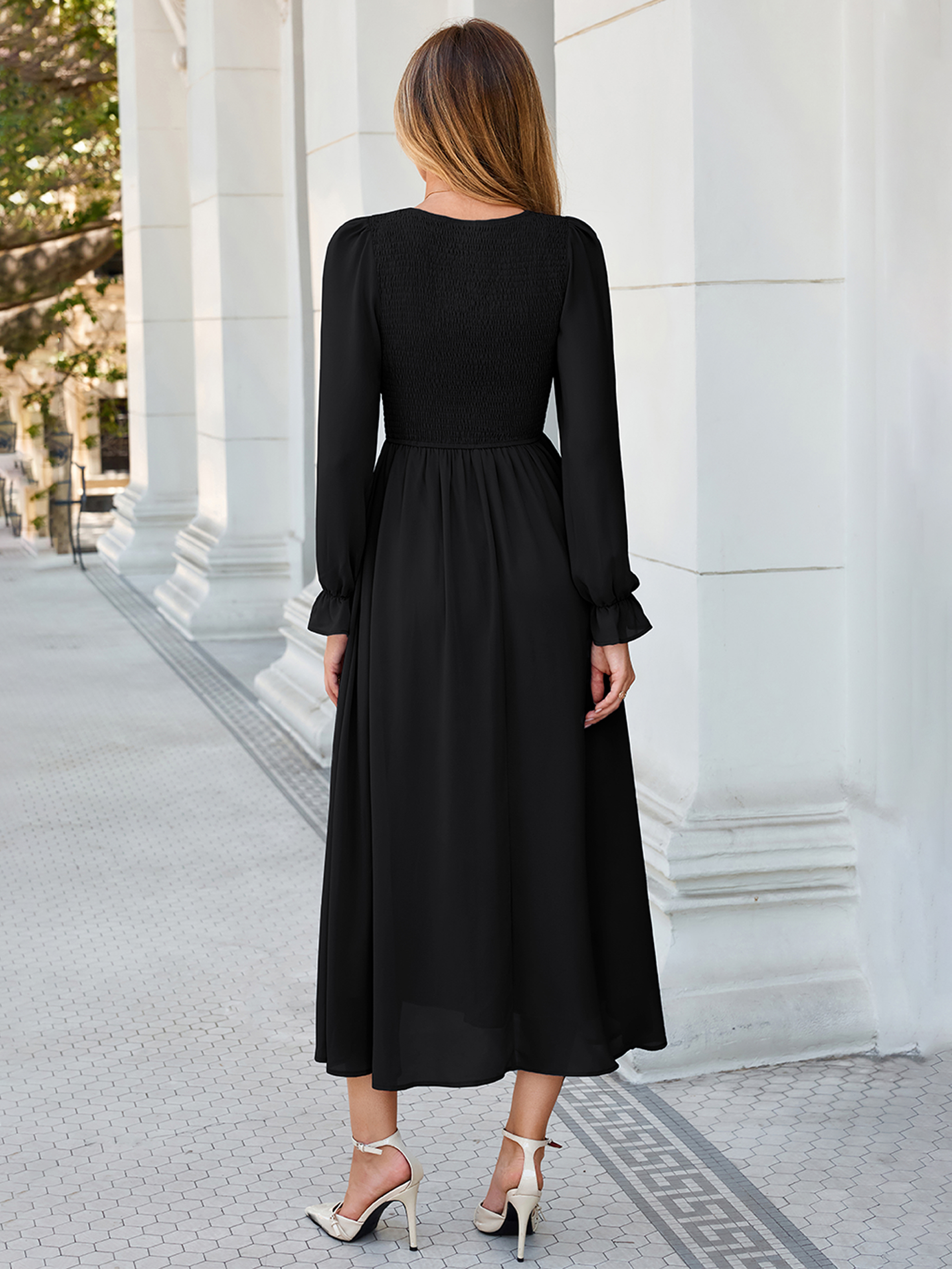 Smocked Bodice Crew Neck Long Sleeve Chiffon Maxi Dress