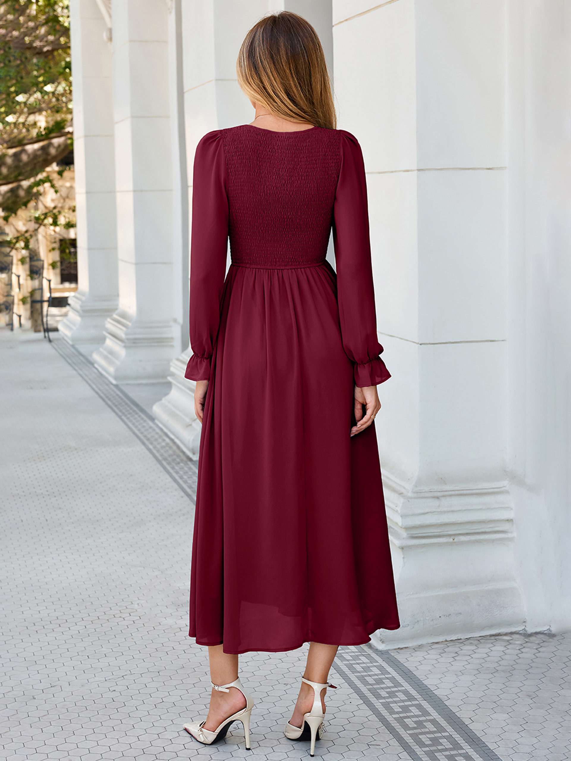 Smocked Bodice Crew Neck Long Sleeve Chiffon Maxi Dress