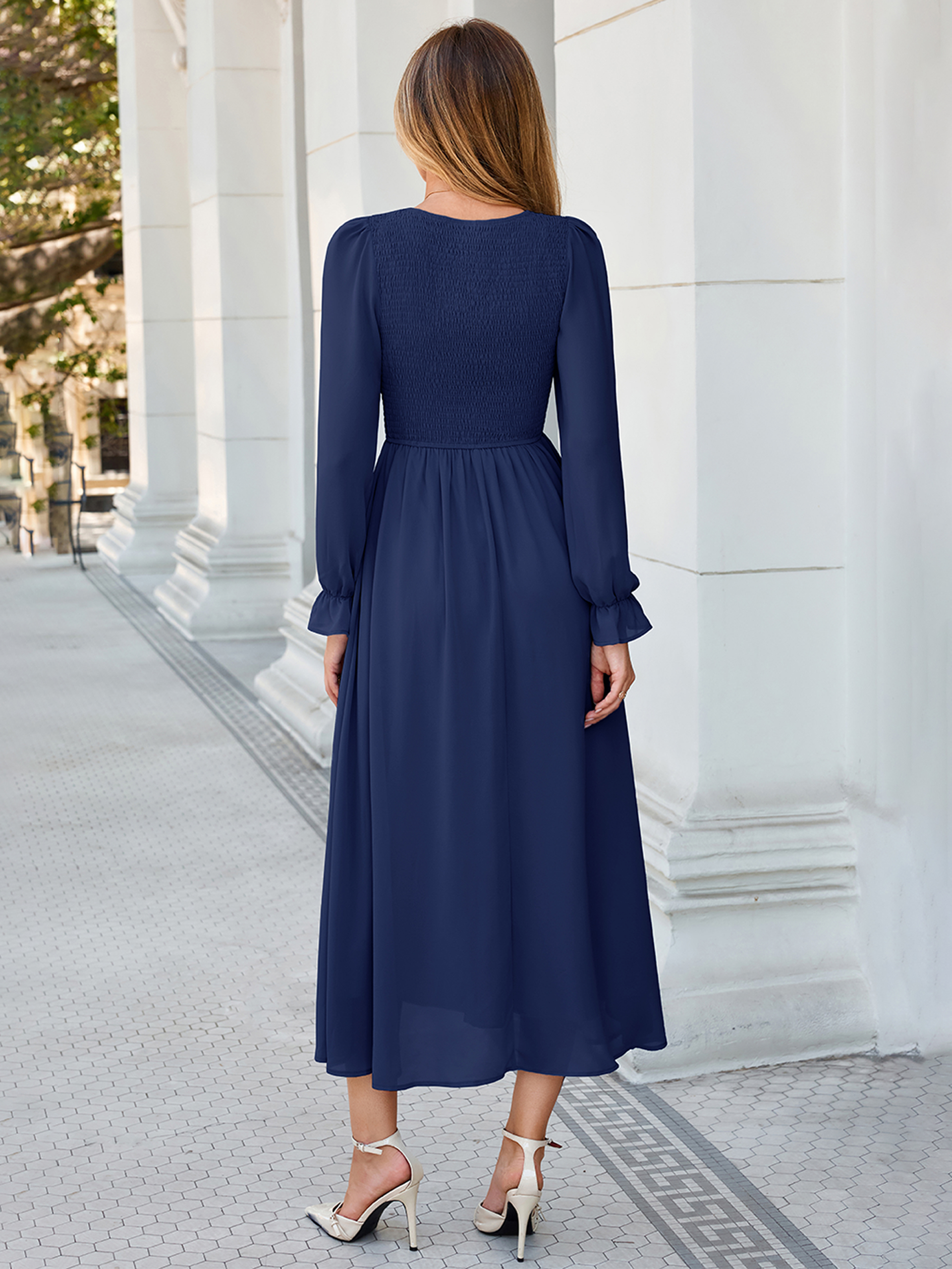 Smocked Bodice Crew Neck Long Sleeve Chiffon Maxi Dress